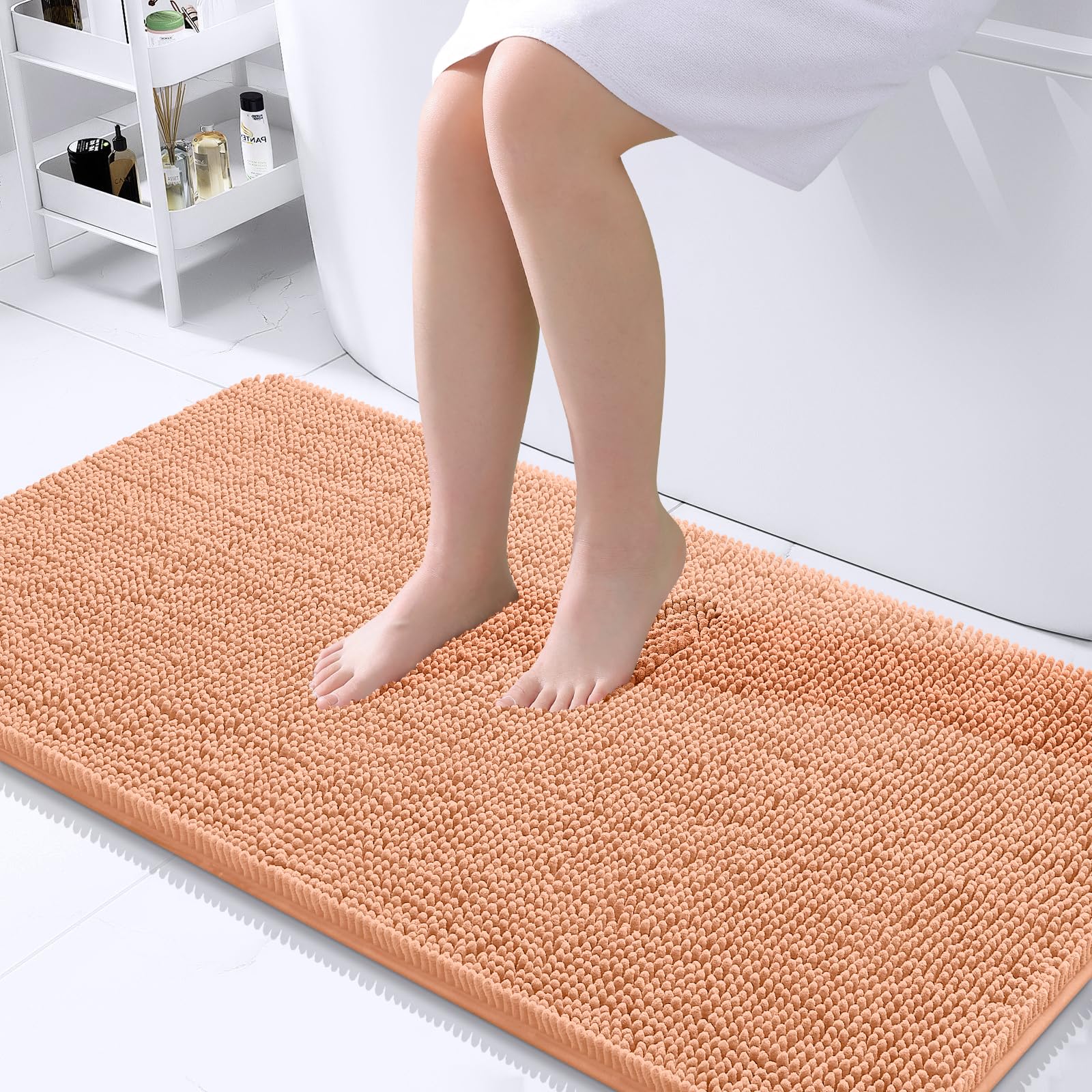 OLANLY Bathroom Runner Rugs 44x24, Extra Soft Absorbent Chenille Bath Rugs | Peach, Quick-Drying Rubber Backing, Machine Washable Long Bath Mat for Bathroom Floor, Tub and Shower, Home Decor Accessories