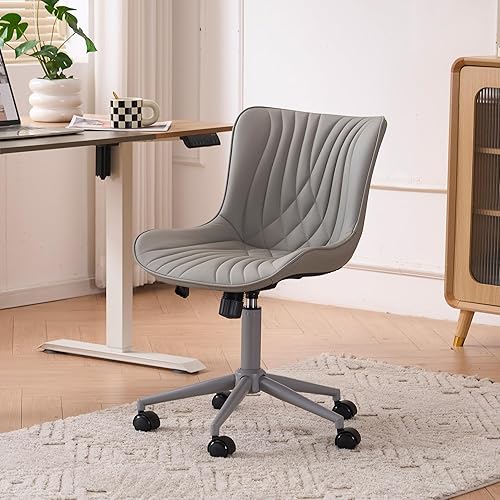 Miniatura 19 de YOUTASTE Silla de oficina marrón, moderna silla de escritorio sin brazos con respaldo, silla giratoria ajustable de piel sintética con ruedas, base