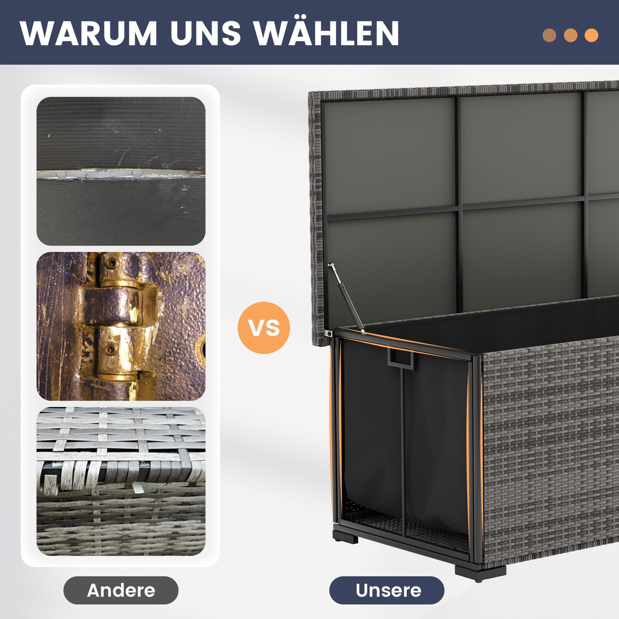 UDPATIO Gartenbox Wasserdicht 650L, Aufbewahrungsbox Garten XXL, Auflagenbox Wetterfest, Kissenbox Outdoor mit Deckel, Gasdruckfedern, ideal für Garten, Terrasse & Balkon | Braun