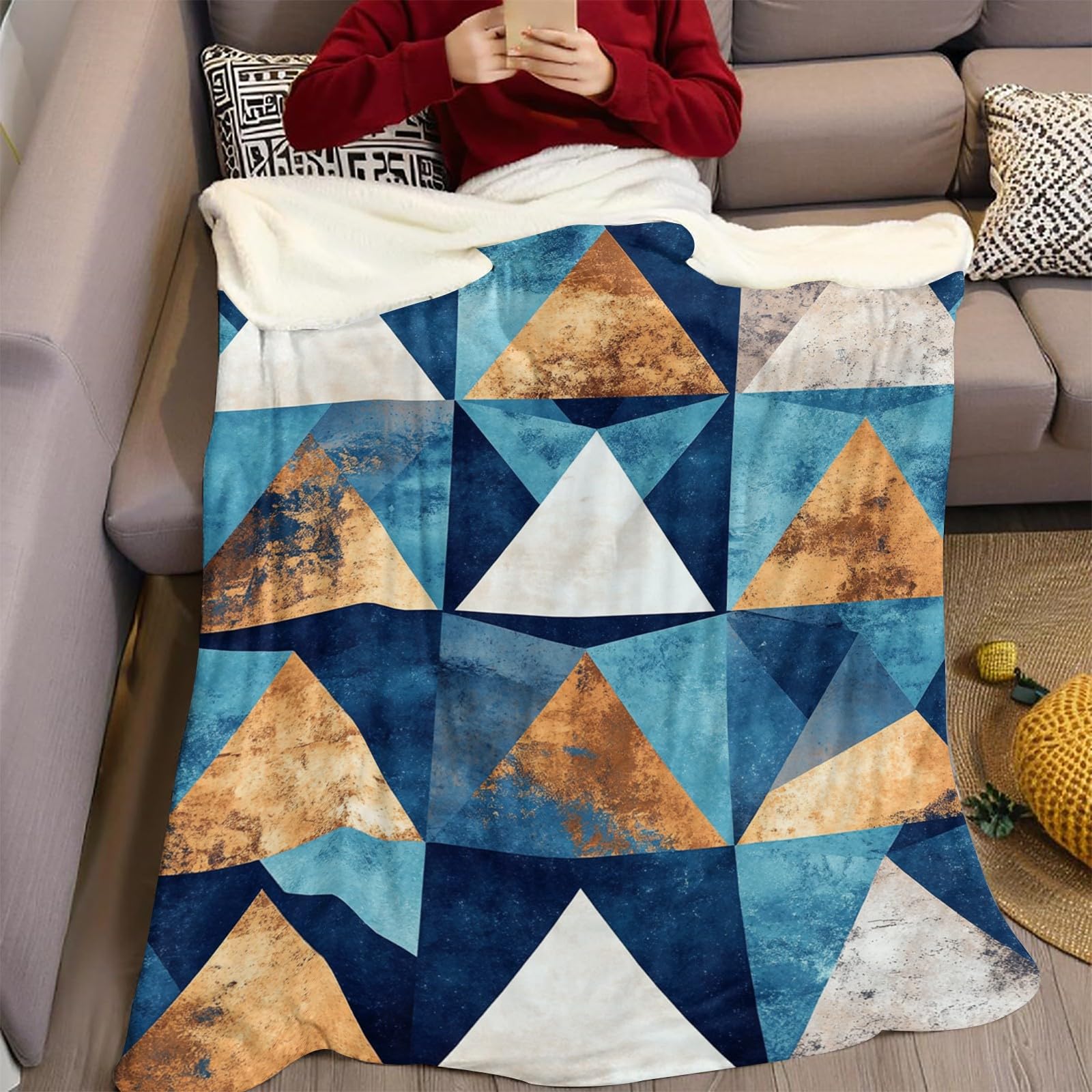 Coperta Modelli geometrici astratti 220 x 240 cm Stampa Plaid Pile Flanella Morbida Calda Coperta Soffice per Divano Camera da Letto Ufficio e Viaggi, blu