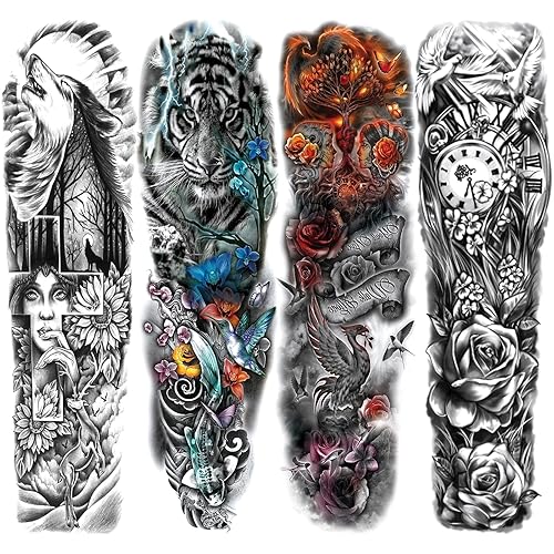 Miniatura 8 de Manga de tatuajes temporales de gladiador 3D para hombres, brazo completo, manga grande de tatuajes falsos de caballero guerrero león para mujeres