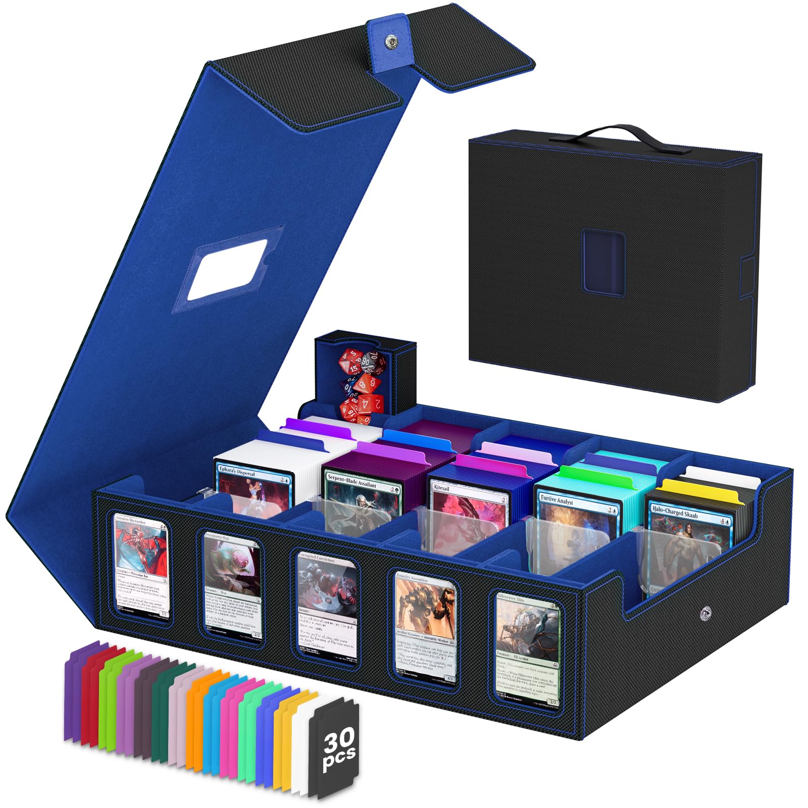 Trading Card Storage Box Gomyrod, 5-Row Card Case with Commander Display & Portable Handle, 4200+ MTG Deck Box Compatible for MTG/TCG/Magic Cards, 30 Colorful Divider, 8 Card Supporters (Black & Blue)
