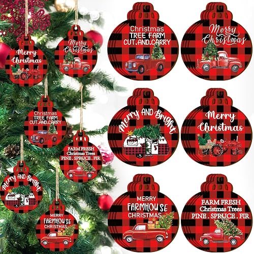 Gerrii 24 Pcs Christmas Red Truck Ornaments Buffalo Plaid Wooden