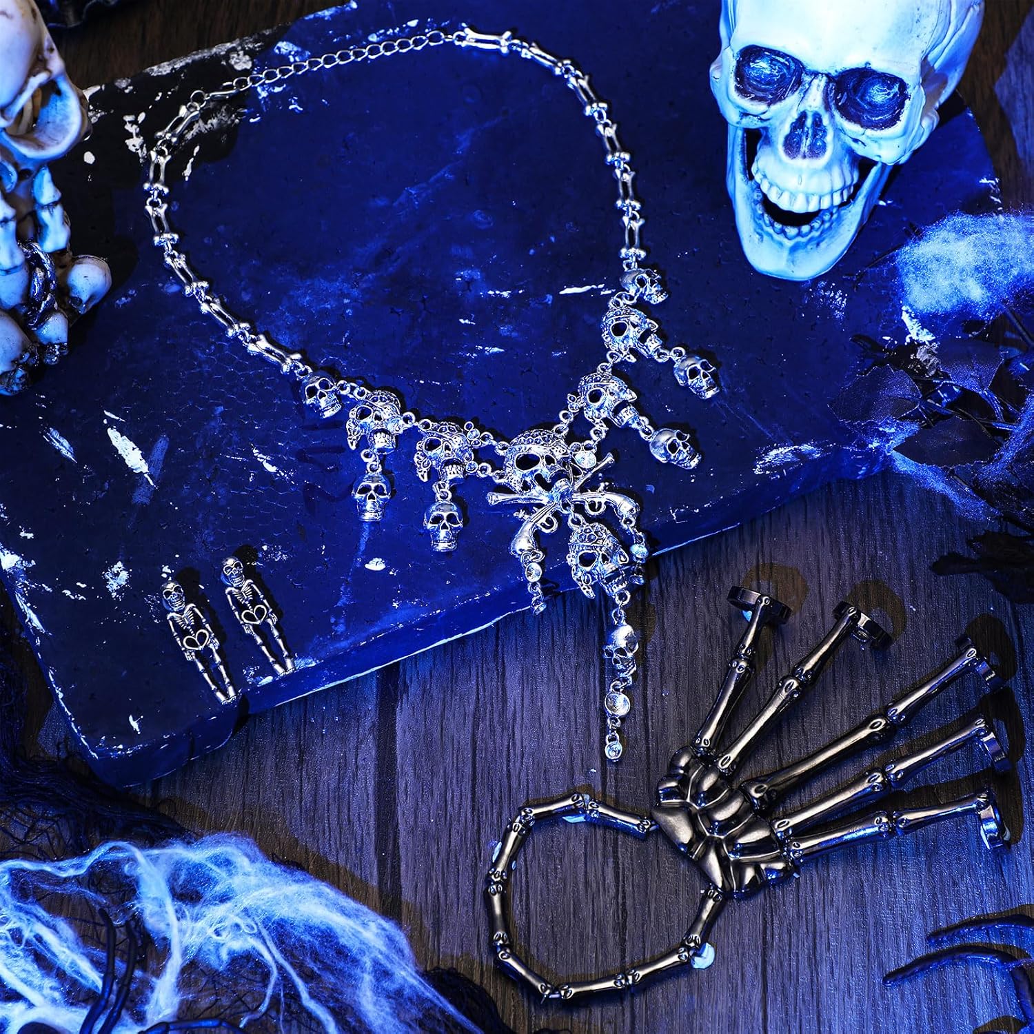 Inbagi 3 Pcs Halloween Skeleton Jewelry for Women Halloween Skeleton Necklace Bracelet Adjustable Skull Fingers Wristband Spooky Skull Skeleton Dangle Earrings for Women - Image 4