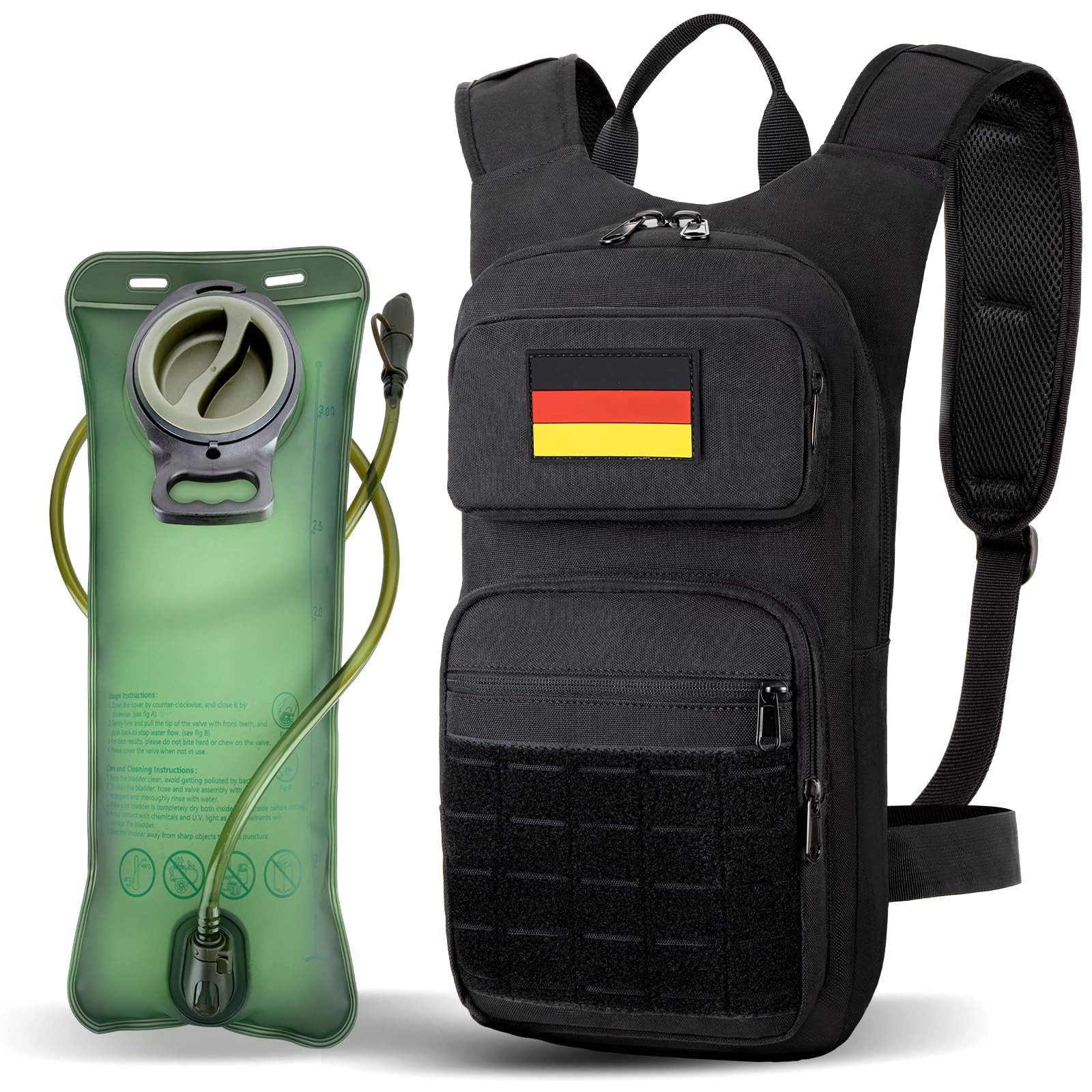 Jueachy Zaino Idratazione con 3L TPU Vescica d'Acqua: Tattico Zaino Moto Sci Bici Trail Running MOLLE Militare Borsa Sportivo Uomo Donna Accessori Sport per Ciclismo Maratona Corsa Trekking