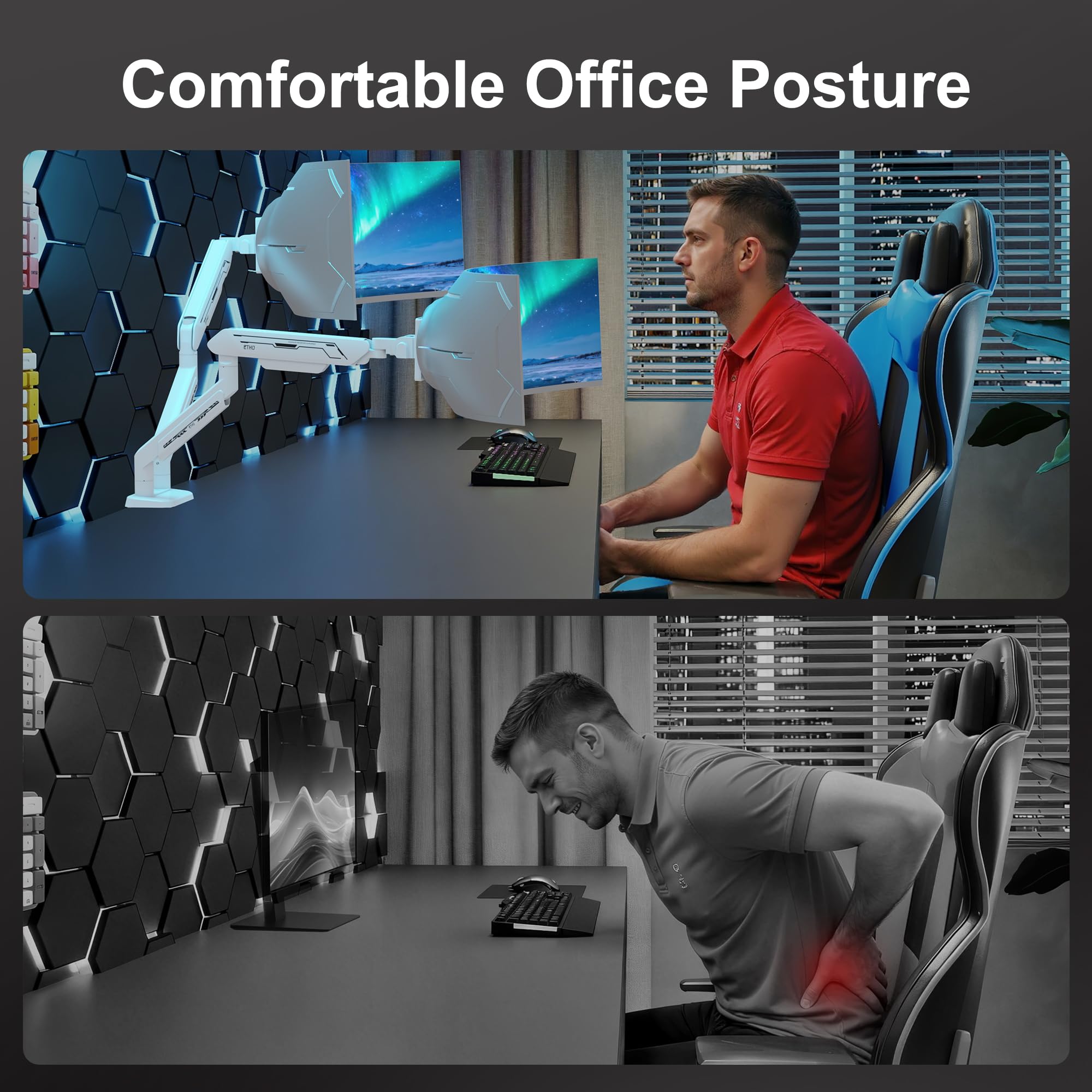 Monitorhalterung 2 Monitore bis 15kg pro Arm, Schwerlast Dual Monitor Arm Weiß Gasdruckfeder für 13-42 Zoll Curved Bildschirm, Ergonomische Doppelarm Halterung VESA 75/100