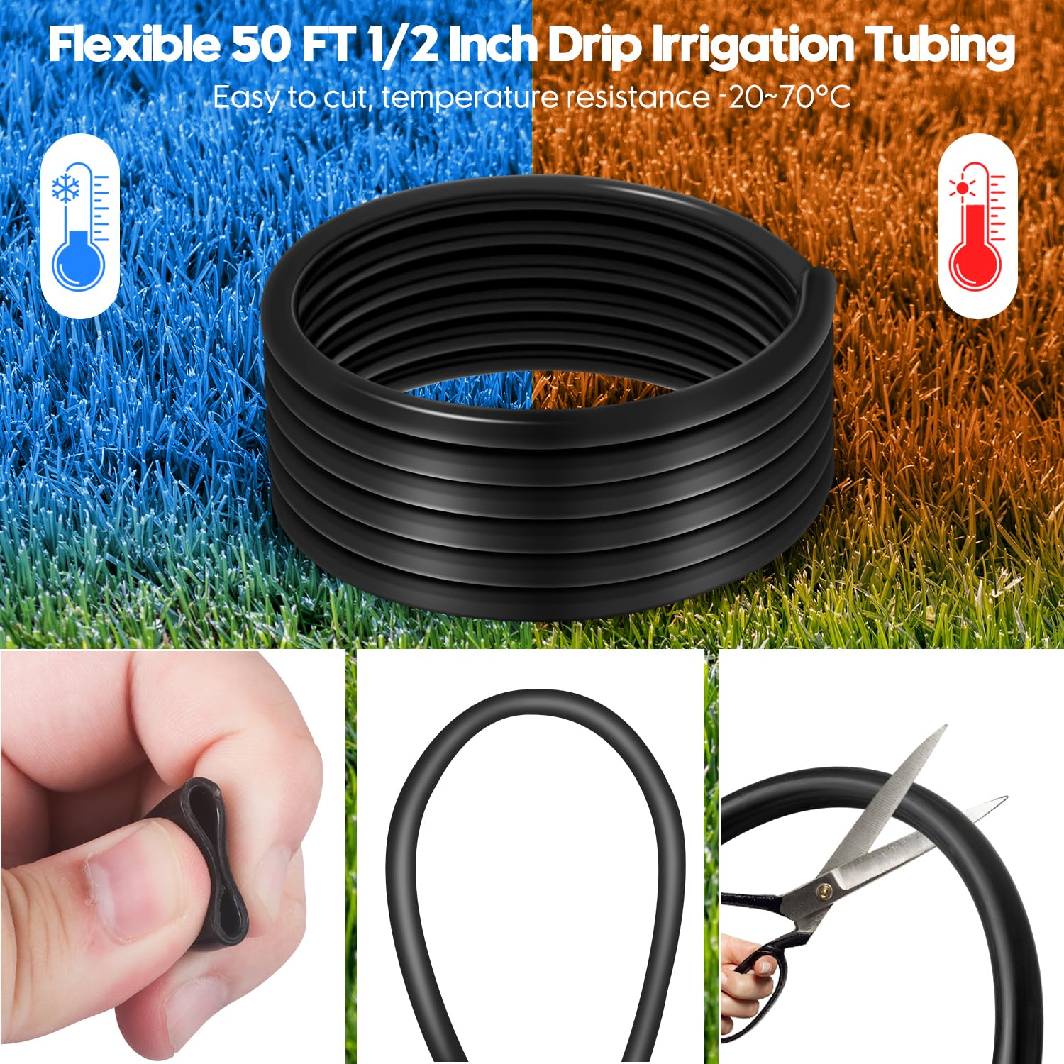 Kit de tuyau d'irrigation goutte à goutte de 15,27 m de 1,27 m avec raccords en T barbelés de 1,27 cm à 6 voies et connecteurs en T de 1,27 cm à 6,3 cm pour arrosage de jardin
