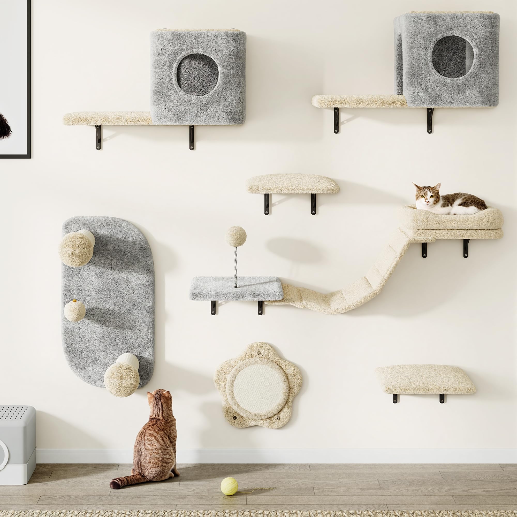 YITAHOME Set da 8 pezzi robusto da parete per gatti in flanella, mobili per gatti con casa, letto, tiragraffi, ponte sospeso e colonna in sisal, per gatti che dormono e giocano