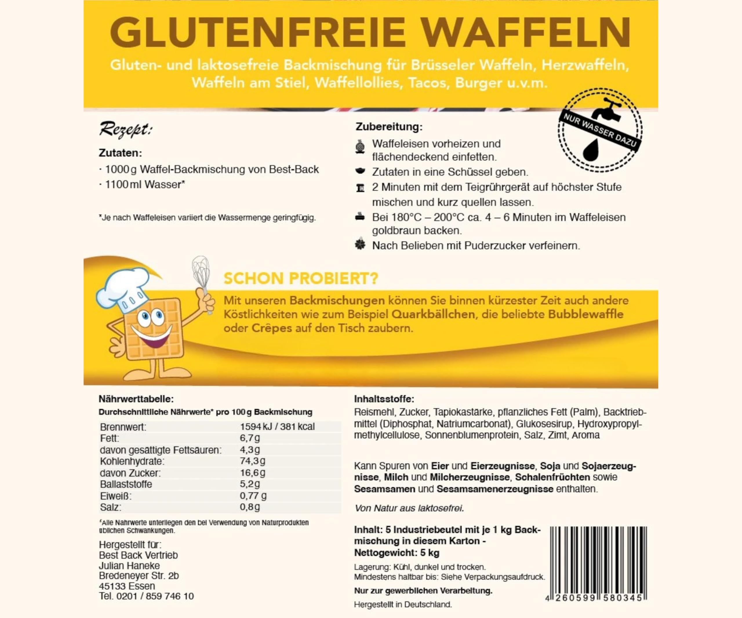BEST BACK glutenfreier Waffelteig Backmischung 5 kg, 5er Pack (1 kg)