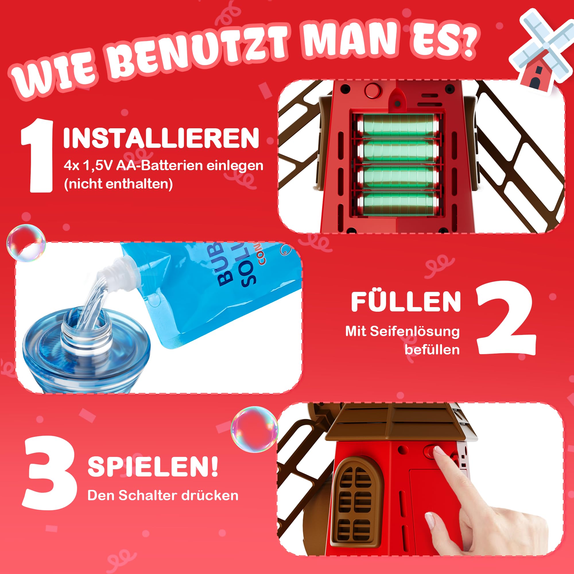 Belemar Windmühlen-Seifenblasenmaschine mit Licht und Musik, bis zu 1,3 m höhenverstellbar, 130-ml-Tank, batteriebetriebene Seifenblasenmaschine für Kinder, Geburtstage, Partys und Garten