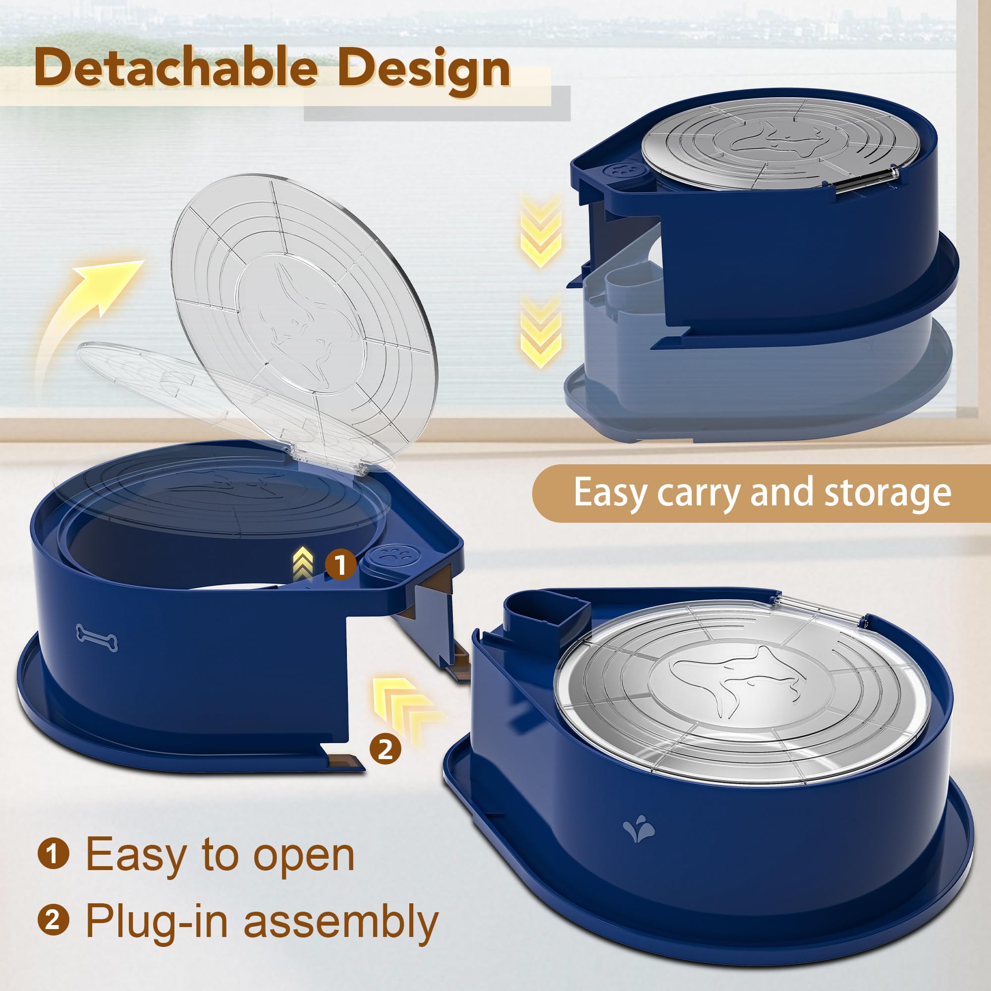 Cuenco doble de acero inoxidable para mascotas con tapa, gran capacidad, perros y gatos, color azul