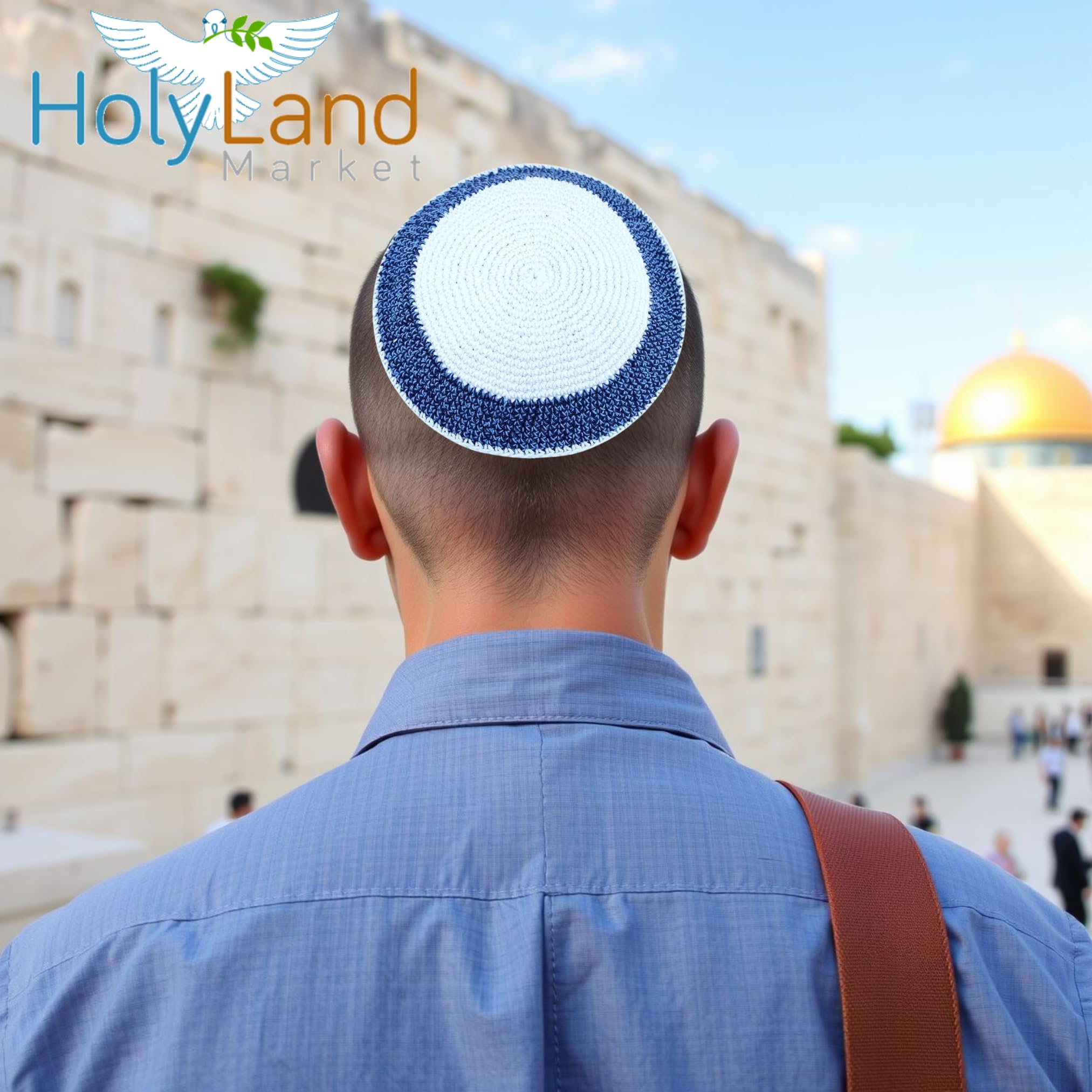 Holy Land Market Hand Knitted Cotton Kippah - White/Grey Lines, 17cm (6.7 Inch) - View #9