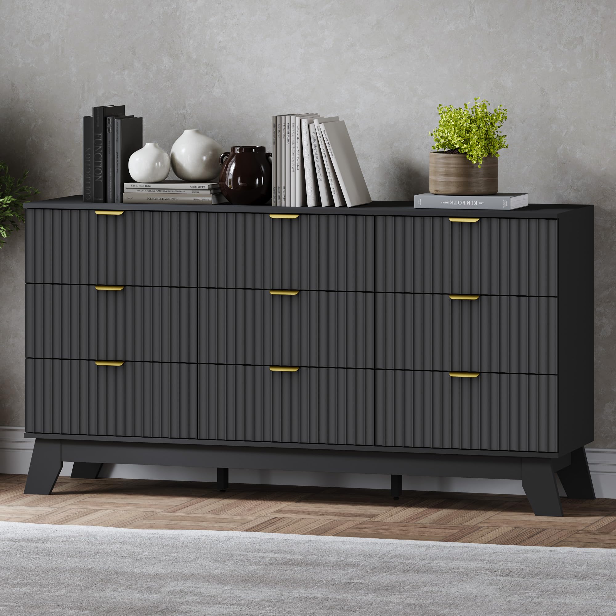 BORNOON Fluted 9 Drawer Dresser, 57.1" Wide Modern Boho Chest of Drawers, Wooden Storage Dresser TV Stand for Bedroom, Living Room, Closet, Hallway, Curved Profile Design