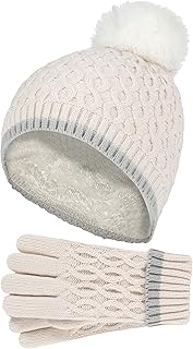 HEAT HOLDERS Girls Winter Striped Colourful Pastel Design Pom Pom Hat and Gloves (7-10 Years, Buttercream)