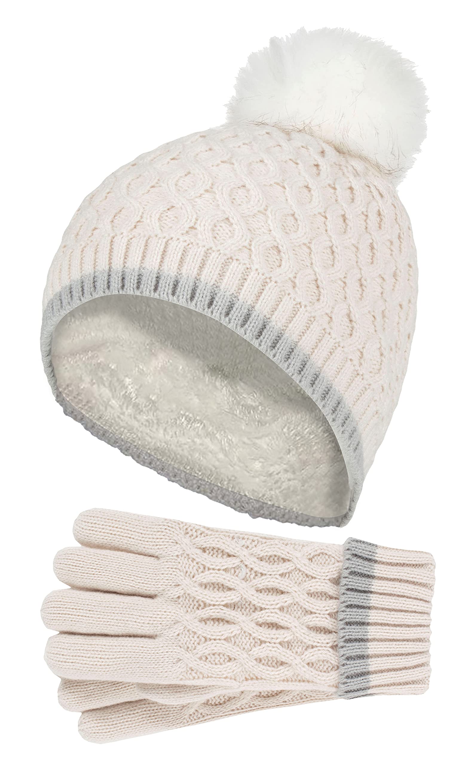 Heat Holders Girls Buttercream - Thermal Insulated Pom Pom Bobble Beanie Hat And Gloves | Colourful Pastel Styles (7-10 Years, )