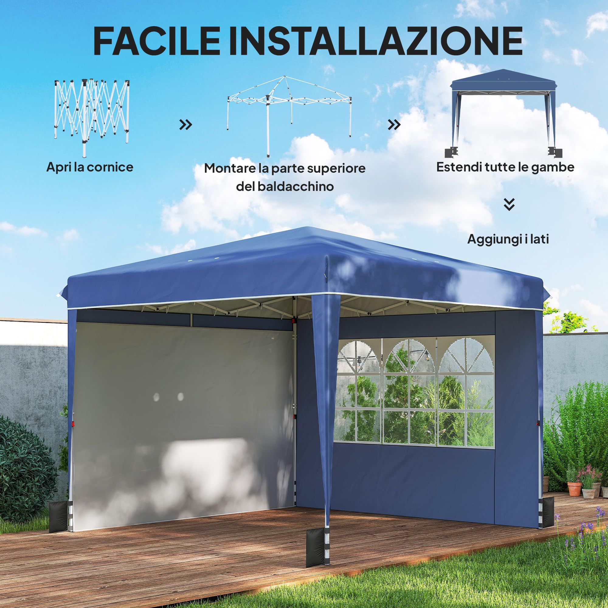 Outsunny Gazebo 3x3m Pieghevole Pop Up Altezza Regolabile, Gazebo da Giardino con Pareti Laterali, UV50+, Blu Scuro