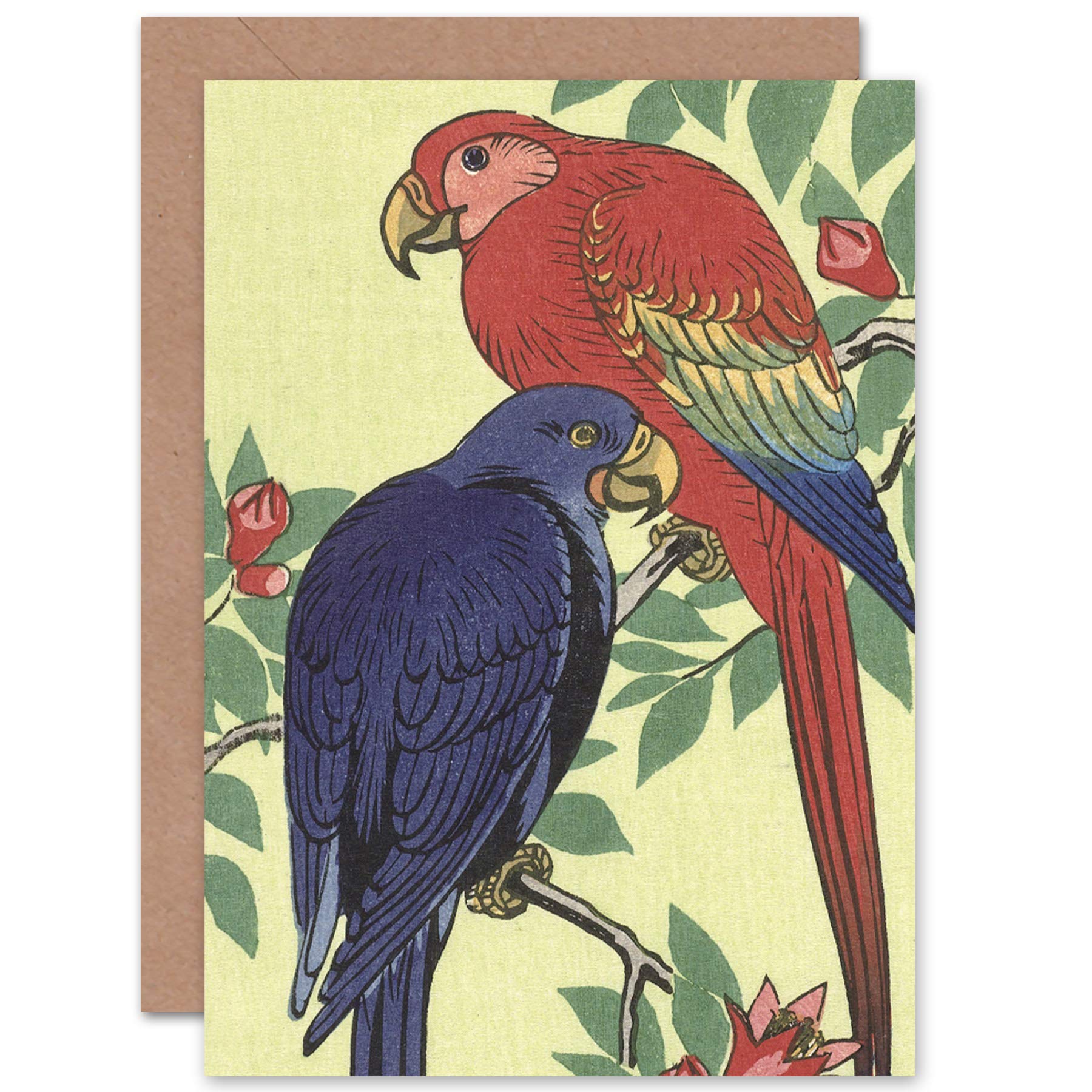 Artery8 Ohara Koson Red And Blue Parrot Japanese Painting Fine Art Greeting Card Plus Envelope Blank Inside