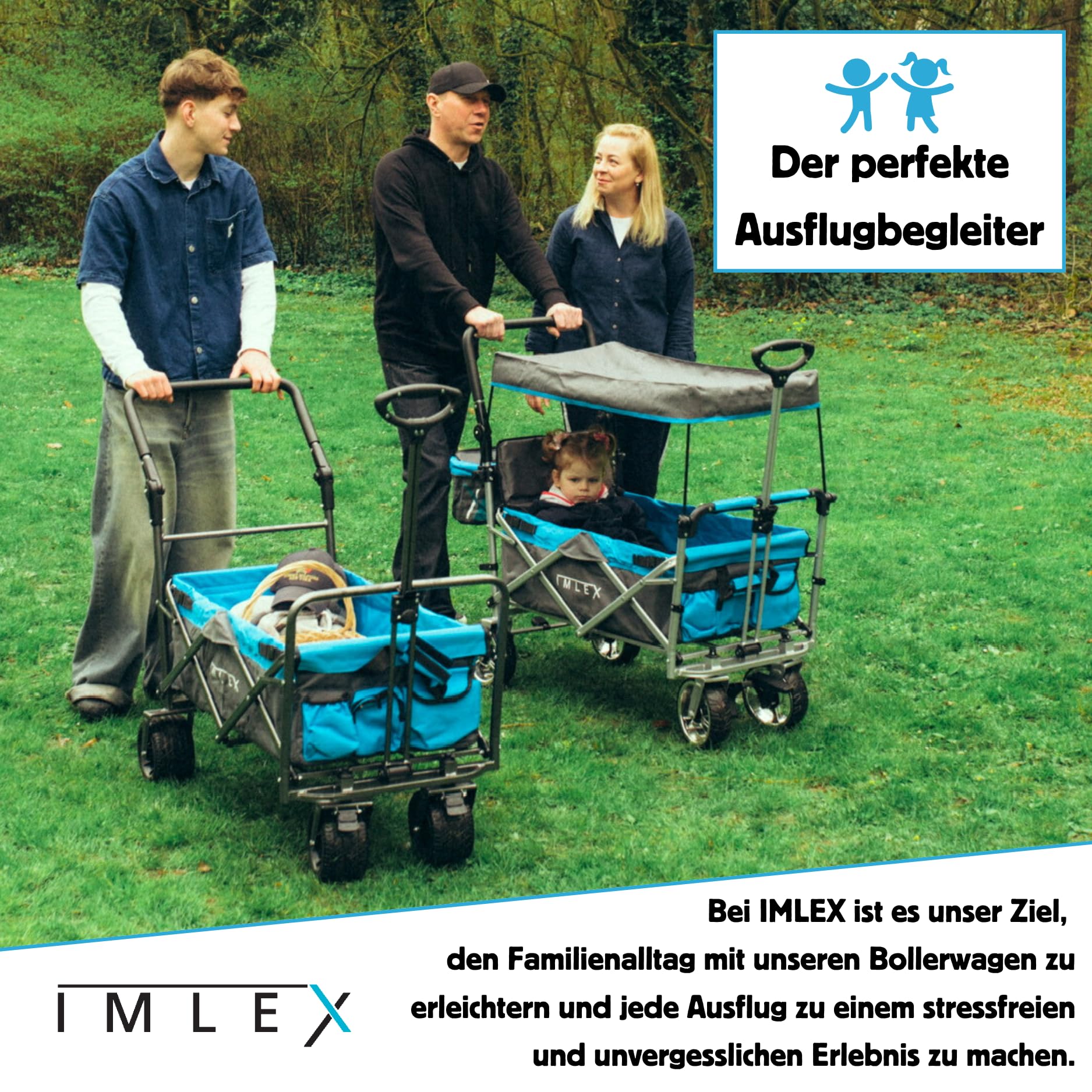 IMLEX Bollerwagen faltbar XXL mit UV Dach – Handwagen für 2 Kinder bis 80 kg – klappbar mit Schiebegriff & Zugstange – Geländereifen – ideal für Strand, Camping, Garten, Zoo & Freizeit IM-4268 Blau