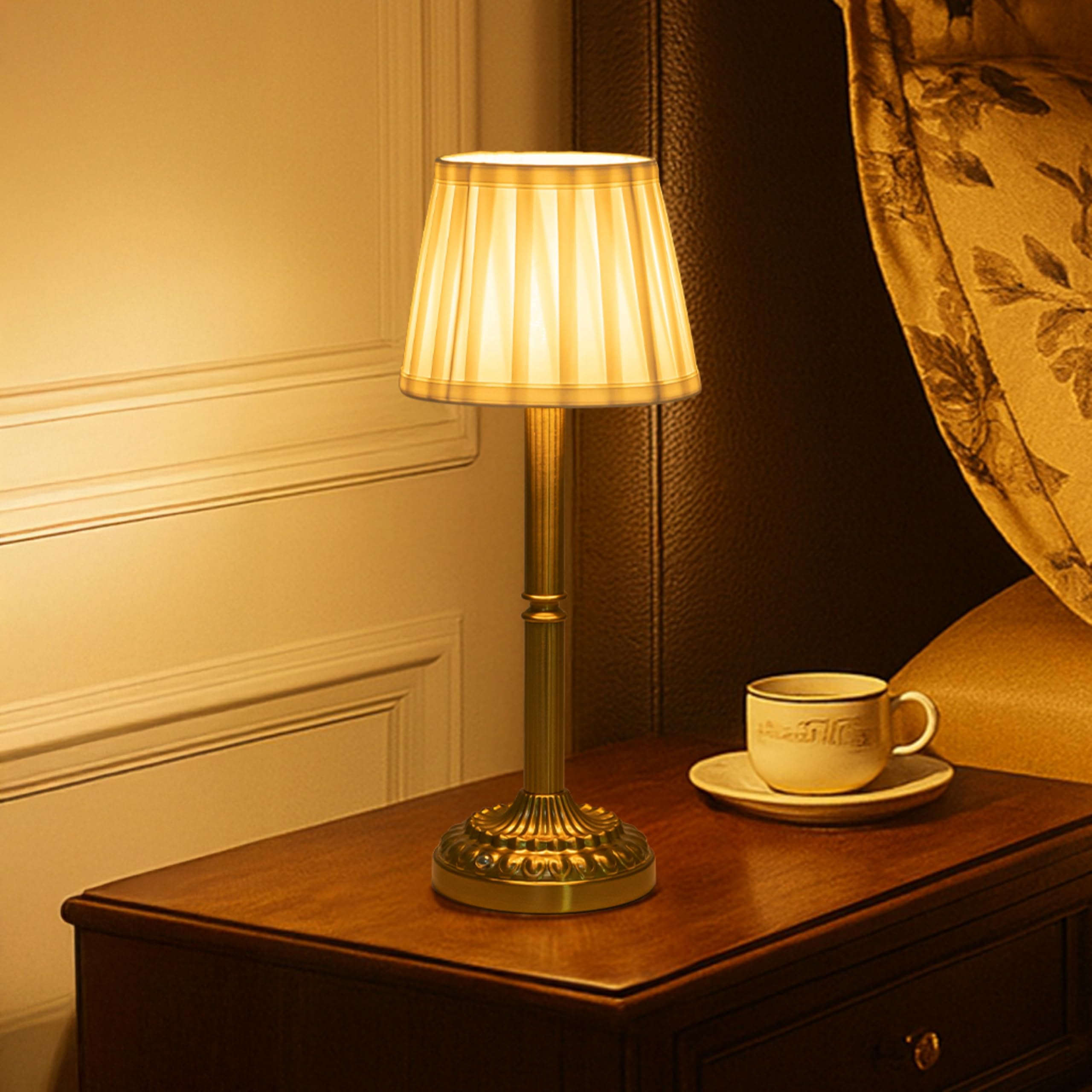 cordless table lamp with touch control, small led bedside lamp with pleated shade, 3 brightness levels nightstand lamp for bedroom, living room & dorm room