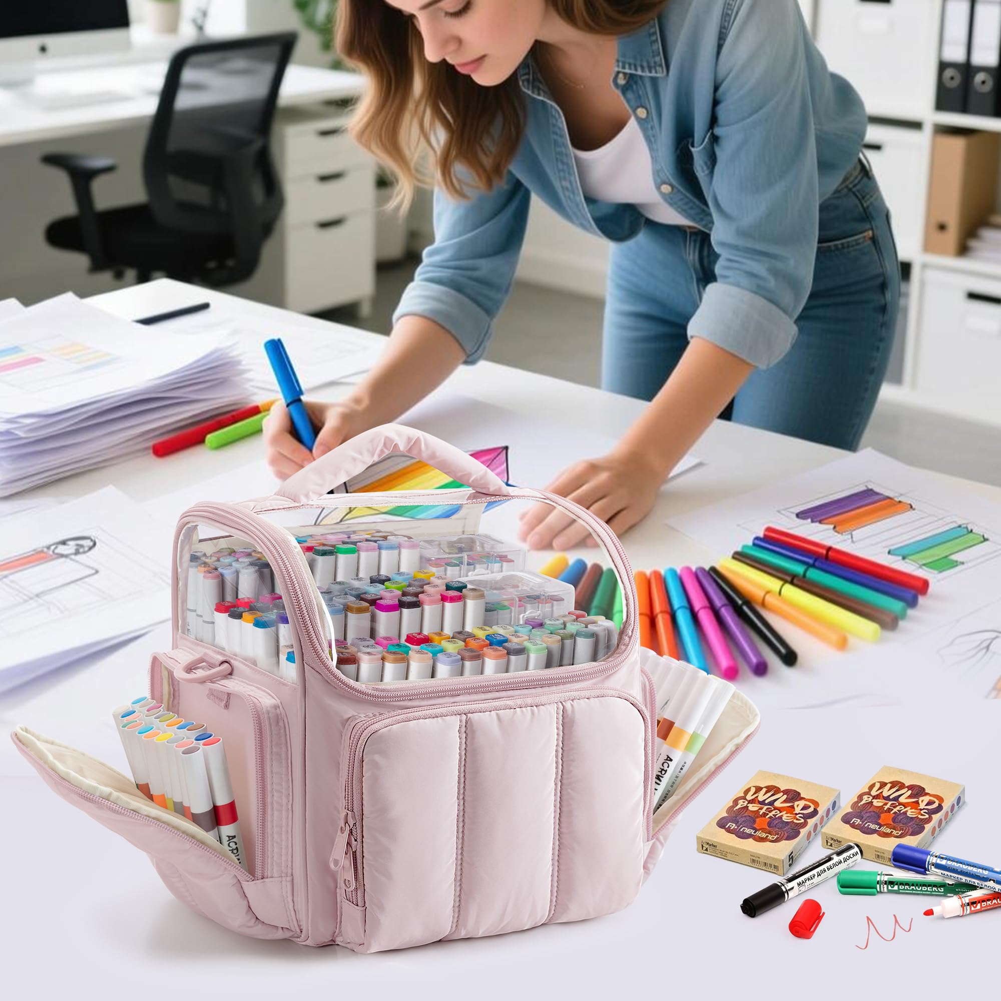 Rexmica Grand Sac de Rangement pour 210 Marqueurs à Dessin, Étui de Rangement Rembourré avec Bandoulière pour Feutre à Alcool pour Adultes, Artistes, Enseignants et Passionnés de Coloriage, Rose
