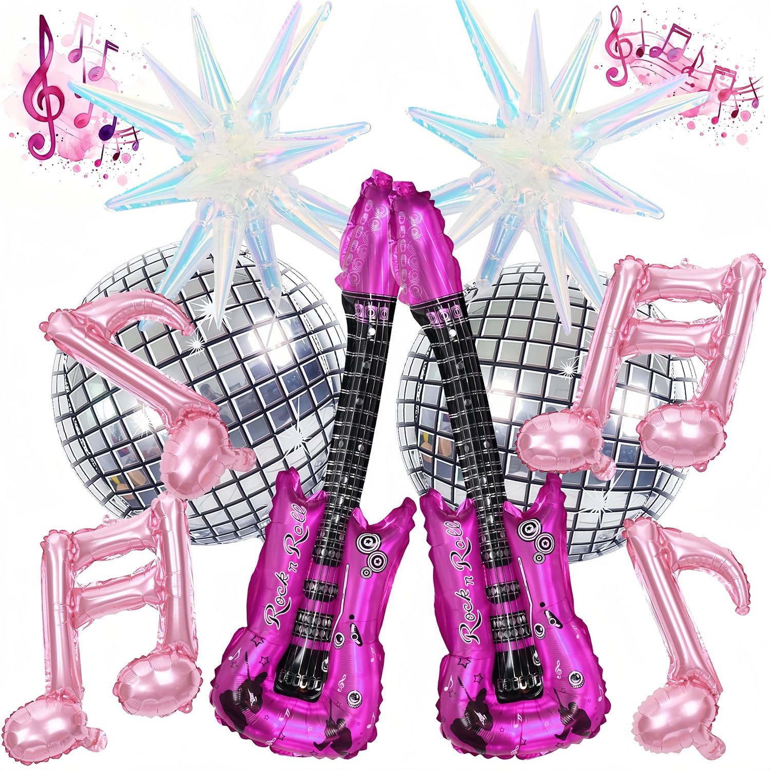 10pcs Music Party Decorations Foil Balloons Set for Kpop Party, Guitar Balloons Disco Ball Pink Musical Notes & Iridescent Explosion Star for K Pop Neon Rock Pop Dance Concert Party Birthday Decor