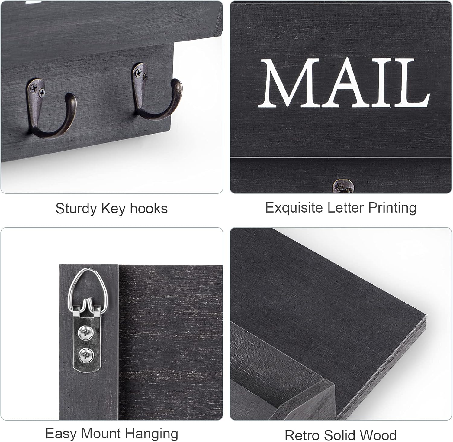 DLQuarts Mail Organizer with Key Holder for Wall, Mail Sorter Wall Mounted, Decorative Wooden Key and Mail Holder with 3 Hooks, Black