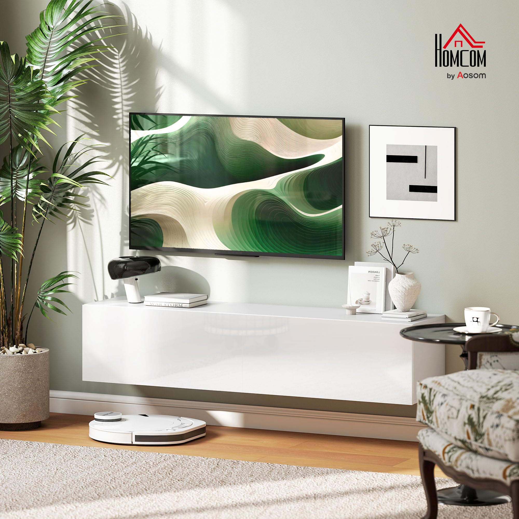 HOMCOM Mobile TV Sospeso per Televisori 140x33x29.8 cm Bianco Lucido | Mobile Porta TV, 2 Armadietti, Ante a Ribalta, per 45"-55"-65", Salotto, Soggiorno, Camera da Letto