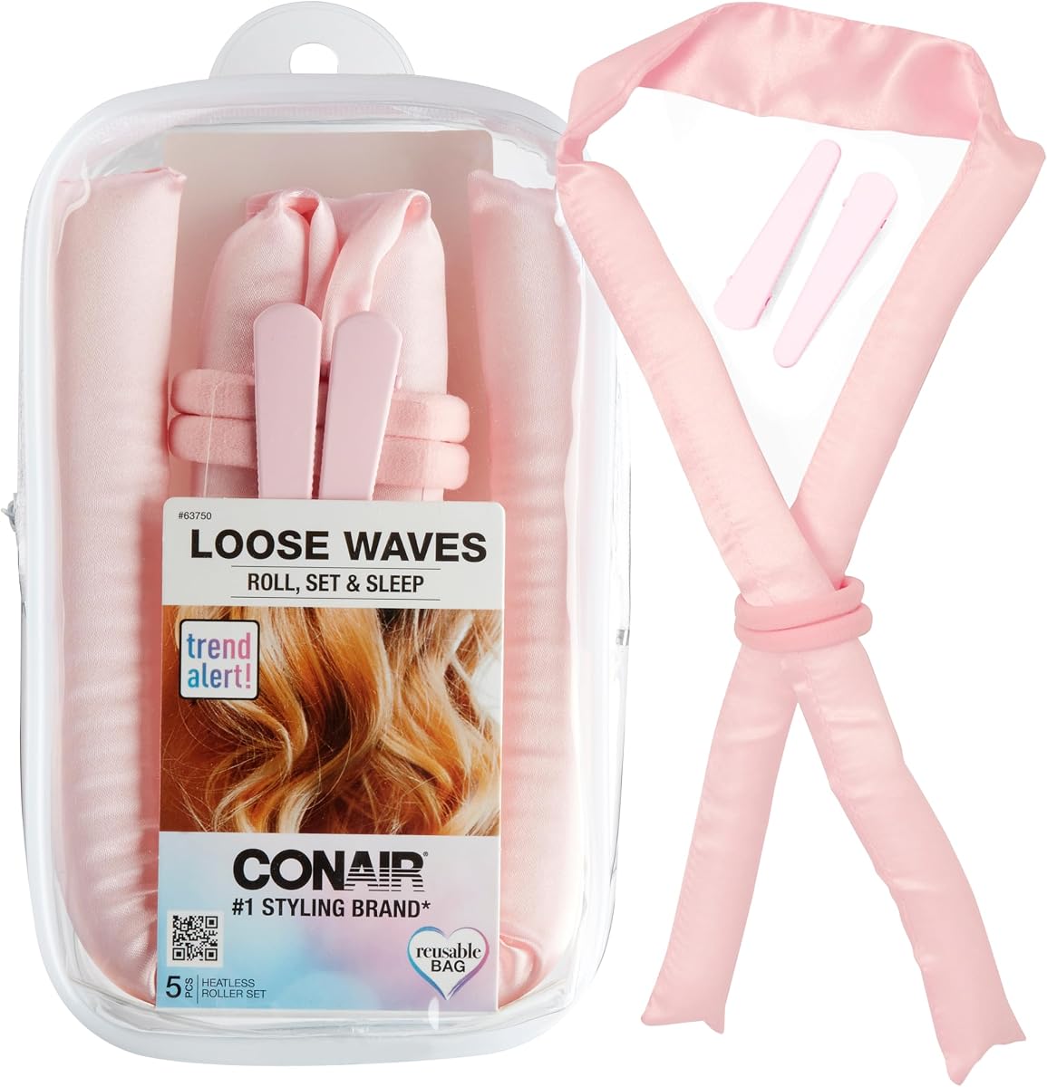 Conair Satin Heatless Curls Set - Heatless curls overnight- heatless curls headband - includes 1 Long Satin Roller, 2 Ponytailers, and 2 Clips