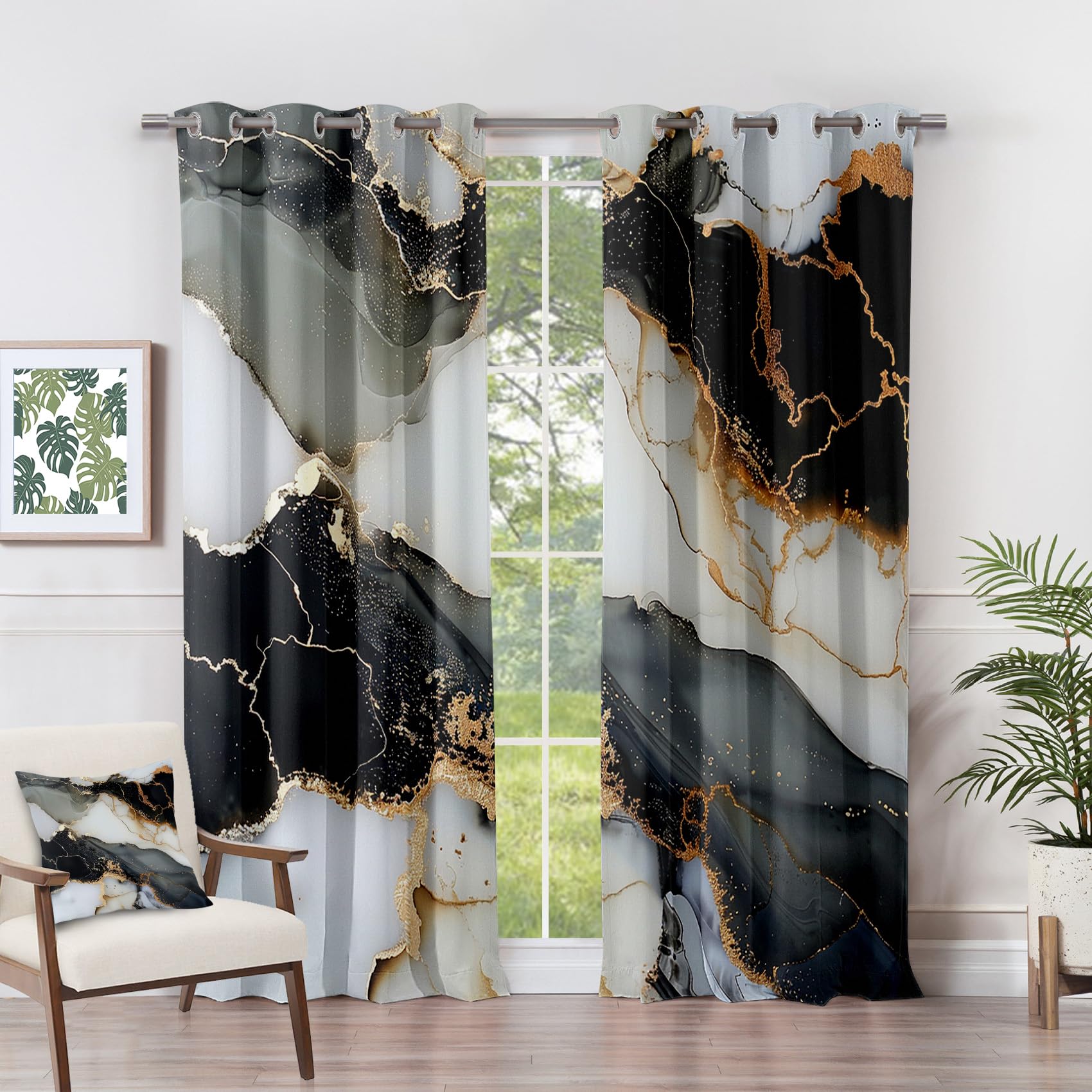 Marble Curtains Bedroom - Marble Curtains - Modern Abstract Luxury Blackout Curtains 52 x 84 Inch (Width x Drop) 2 Panels, Gold Black and White Eyelet Curtains & Drapes