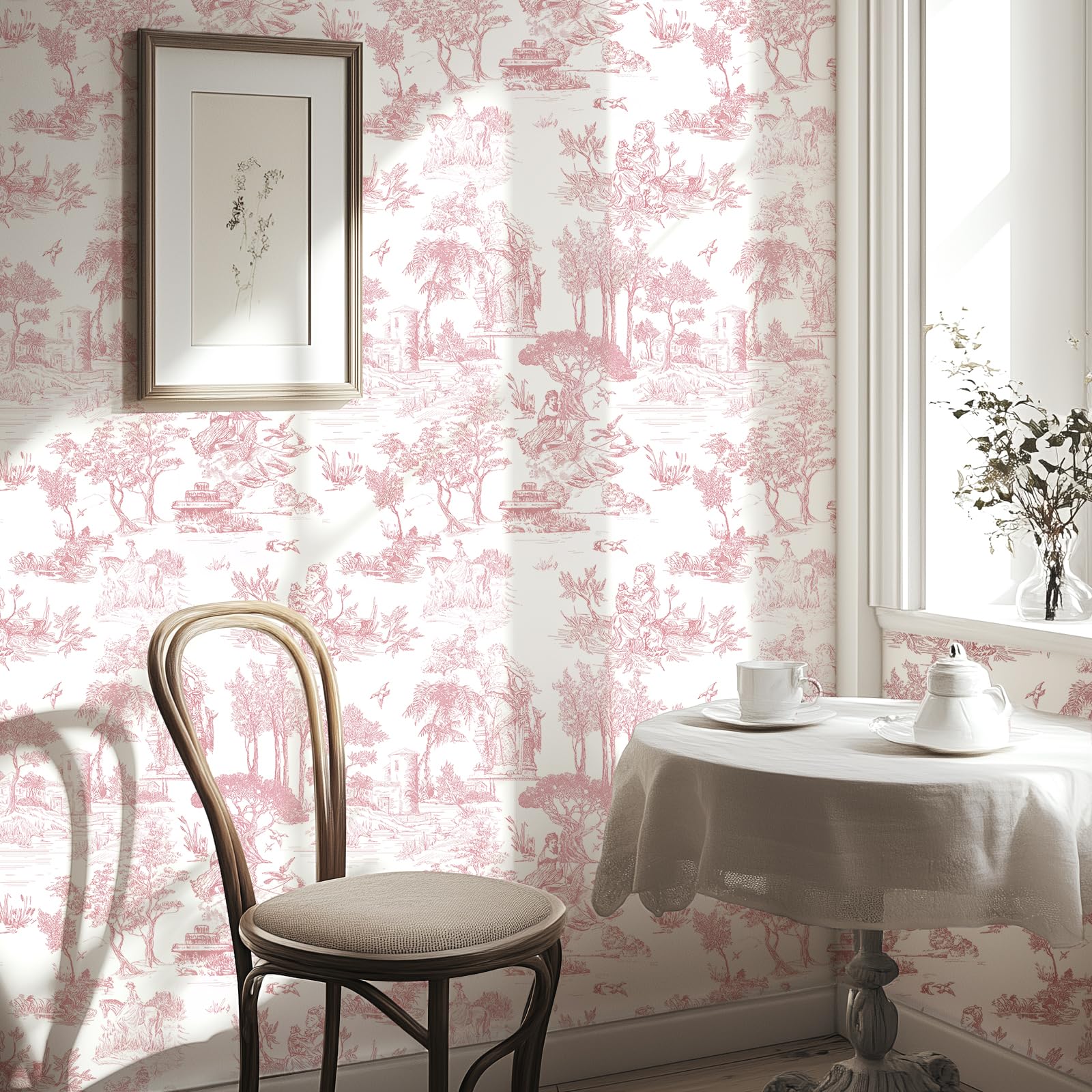 WENMER Toile Wallpaper, 17.7" X 590" Pink and White Peel and Stick Wall Paper, Toile de Jouy Wallpaper, French Vintage Contact Paper for Bedroom, Walls, Backdrop, Cabinet, Home Decor: 17.7" x 118" Pink