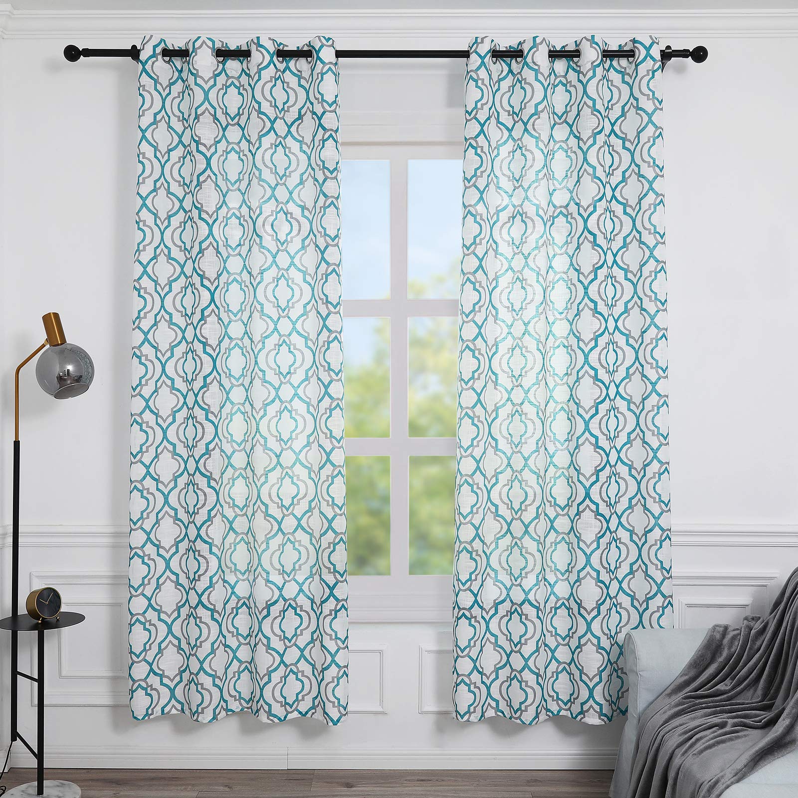 REEPOW Semi Sheer Curtains 96 inches Long 2 Panels, Teal Grey Faux Linen Moroccan Thick Semi Sheer Drapes Pair Airy Country for Living Room, Grommet Top, 50" x 96”