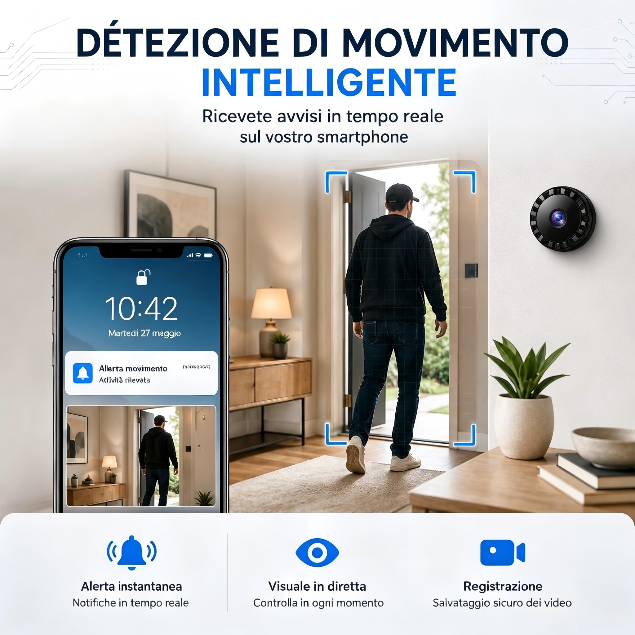 2026 Mini Telecamera Spia WiFi Interno/Esterno, 1080PVideocamera Sorveglianza, Visione Notturna, Rilevamento di Movimento, Controllo Remoto Con App per Casa/Bambini Crystal Green L/X I