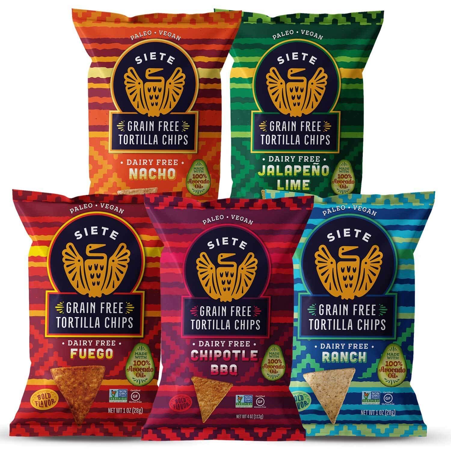 Siete Grain Free Tortilla Chips | Gluten Free Chips | Paleo & Vegan Snacks | Non GMO | Variety, 4 Ounce (Pack of 8)