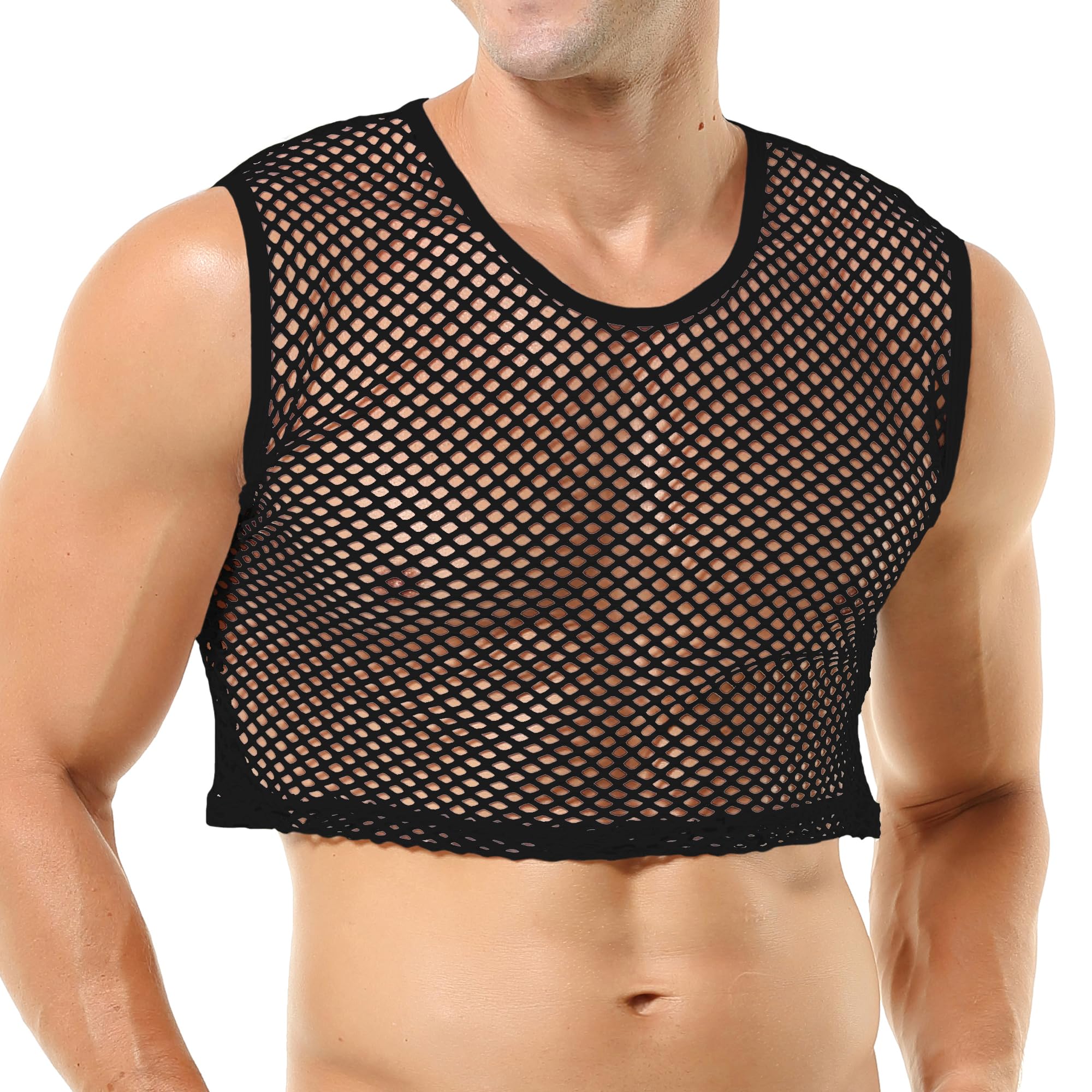 QiaTi Camisetas de malla para hombre, cuello redondo transparente, sin mangas, sexy