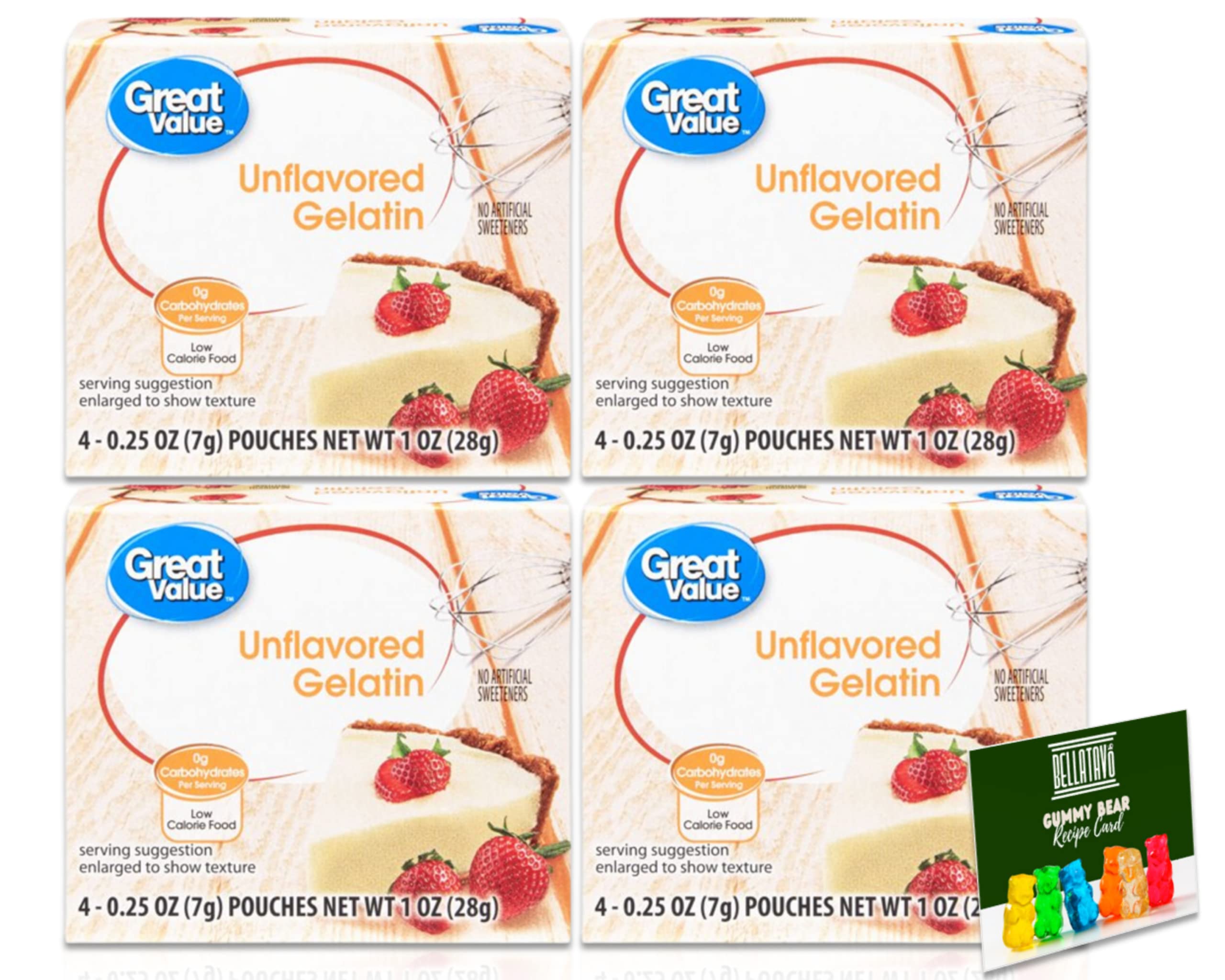 Unflavored Gelatin Bundle. Includes Four 1 Oz Boxes of Great Value Unflavored Gelatin. Each Box has Four Low Calorie Great Value Unflavored Gelatin Packets! Comes With a BELLATAVO Fridge Magnet!