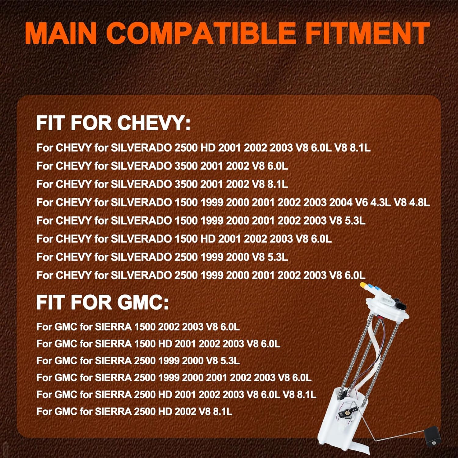 FG0407 Fuel Pump Assembly Compatible with Chevy for Silverado for GMC for Sierra 1500/2500/3500 1999-2004 4.3L 4.8L 5.3L 6.0L 8.1L, w/Sending Unit Fuel Pressure Sensor E3500M