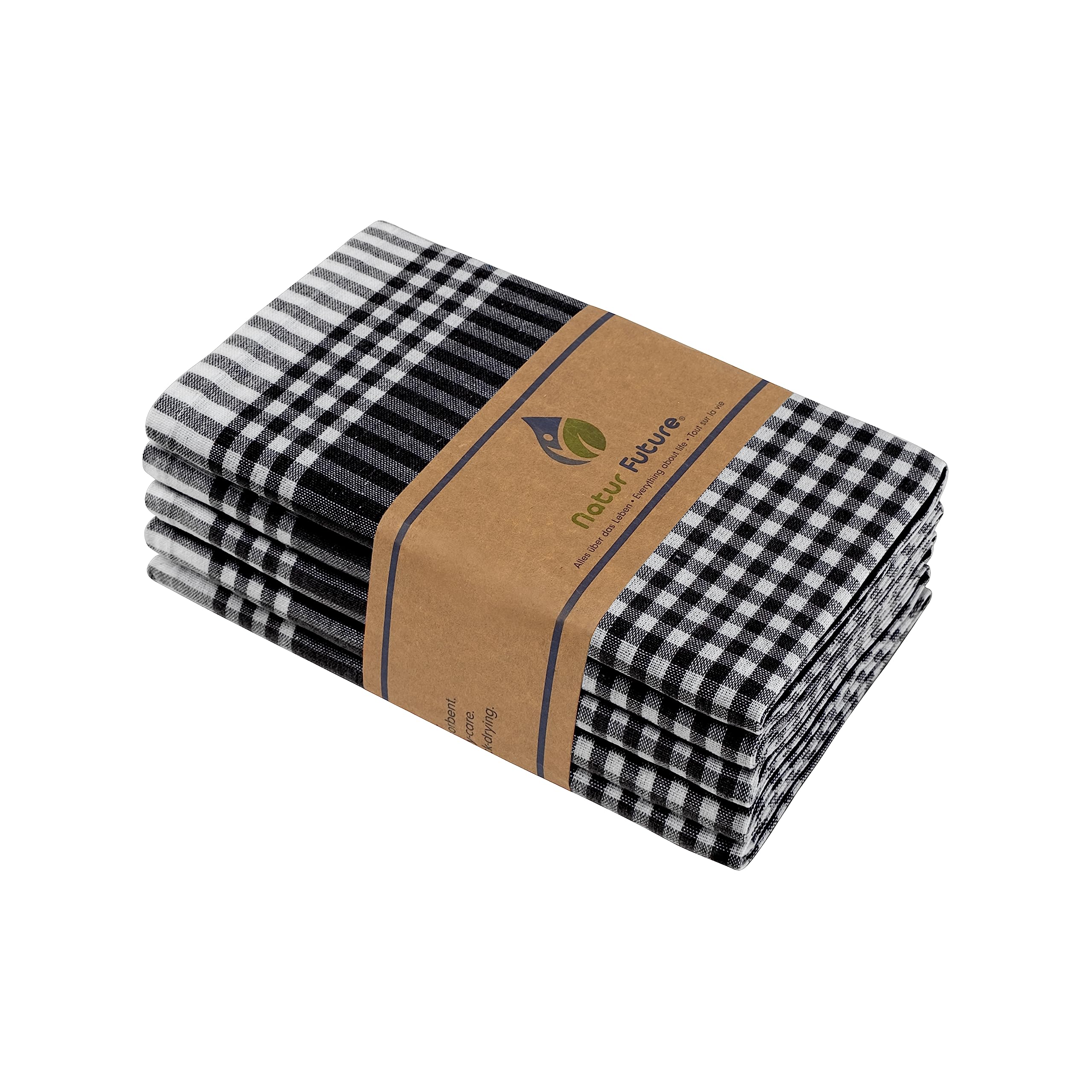 NATUR FUTURE® Juego de 5 paños de cocina de algodón, color negro, 45 x 65 cm, con colgador, diseño vintage a cuadros