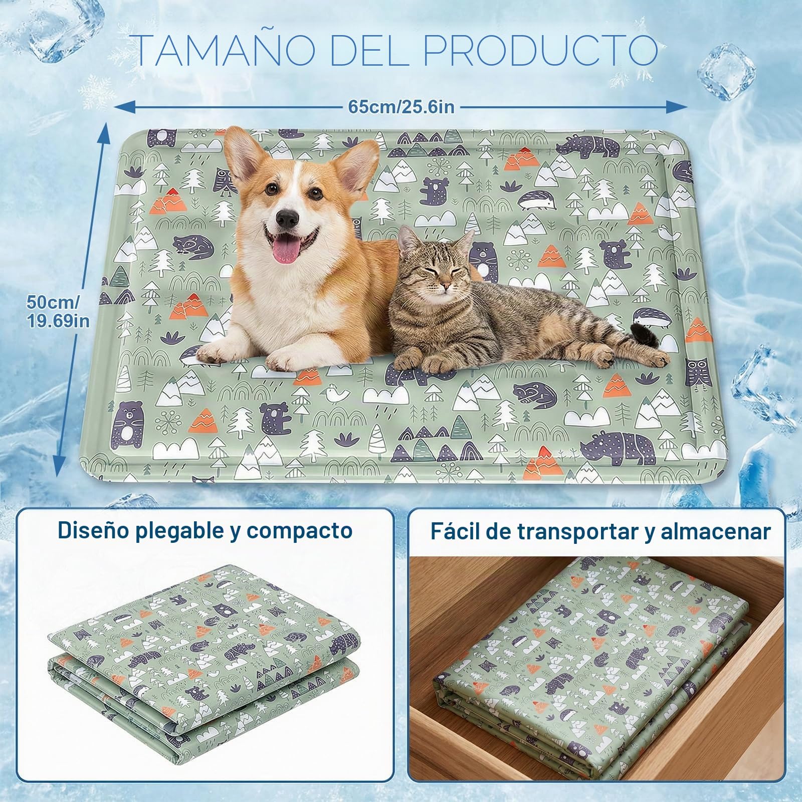 Ninonly Manta Refrescante para Perros 50x65cm Alfombrilla Refrigerante para Perros y Gatos Tapete de Enfriamiento en Gel No Tóxico Auto-Enfriable Impermeable para Cama, Coche Diseño de Animales