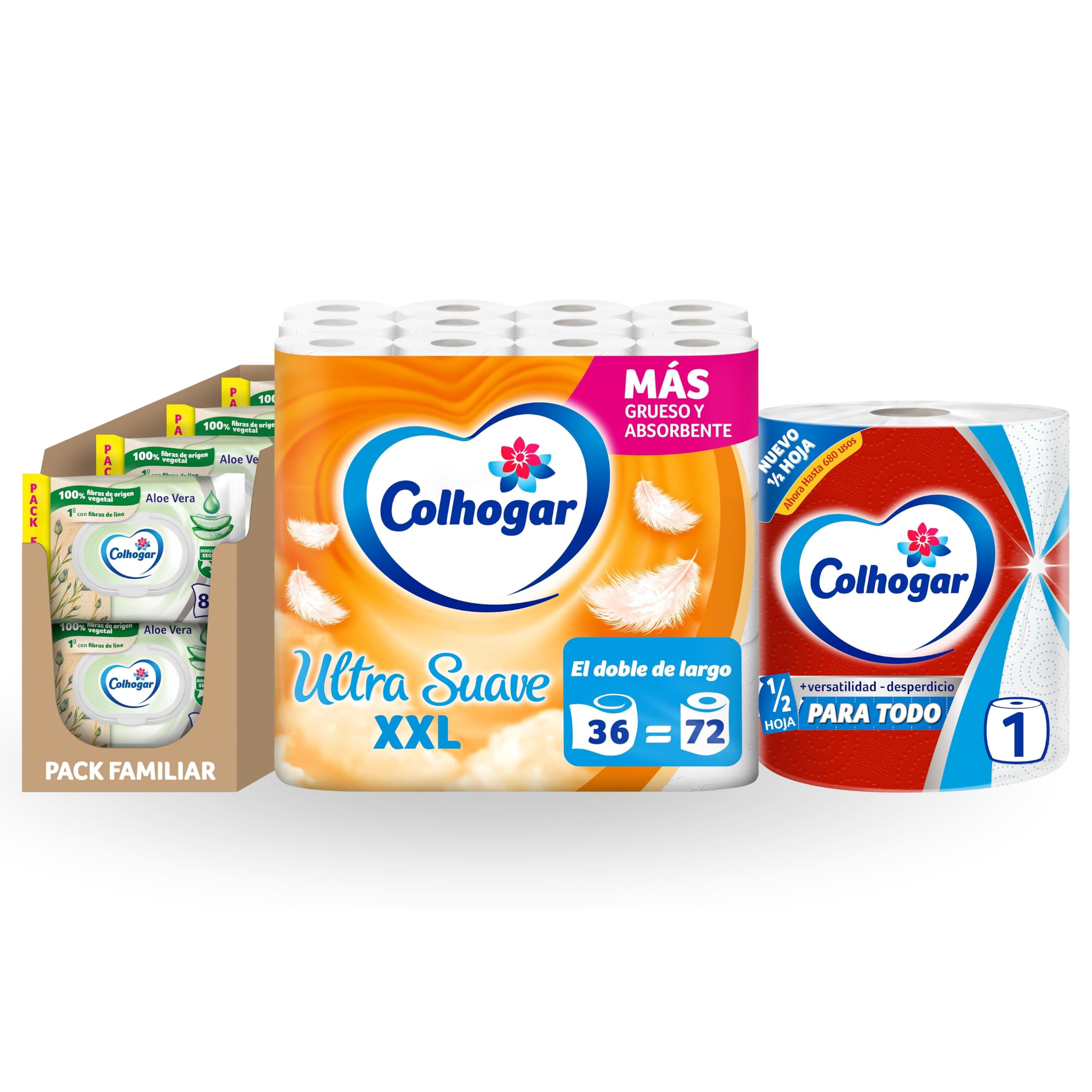 Lote Colhogar Hogar Completo: Papel Cocina Paratodo Jumbo 1 rollo + Papel Higiénico Ultra Suave XXL 36 rollos + Toallitas Húmedas Aloe 8x80