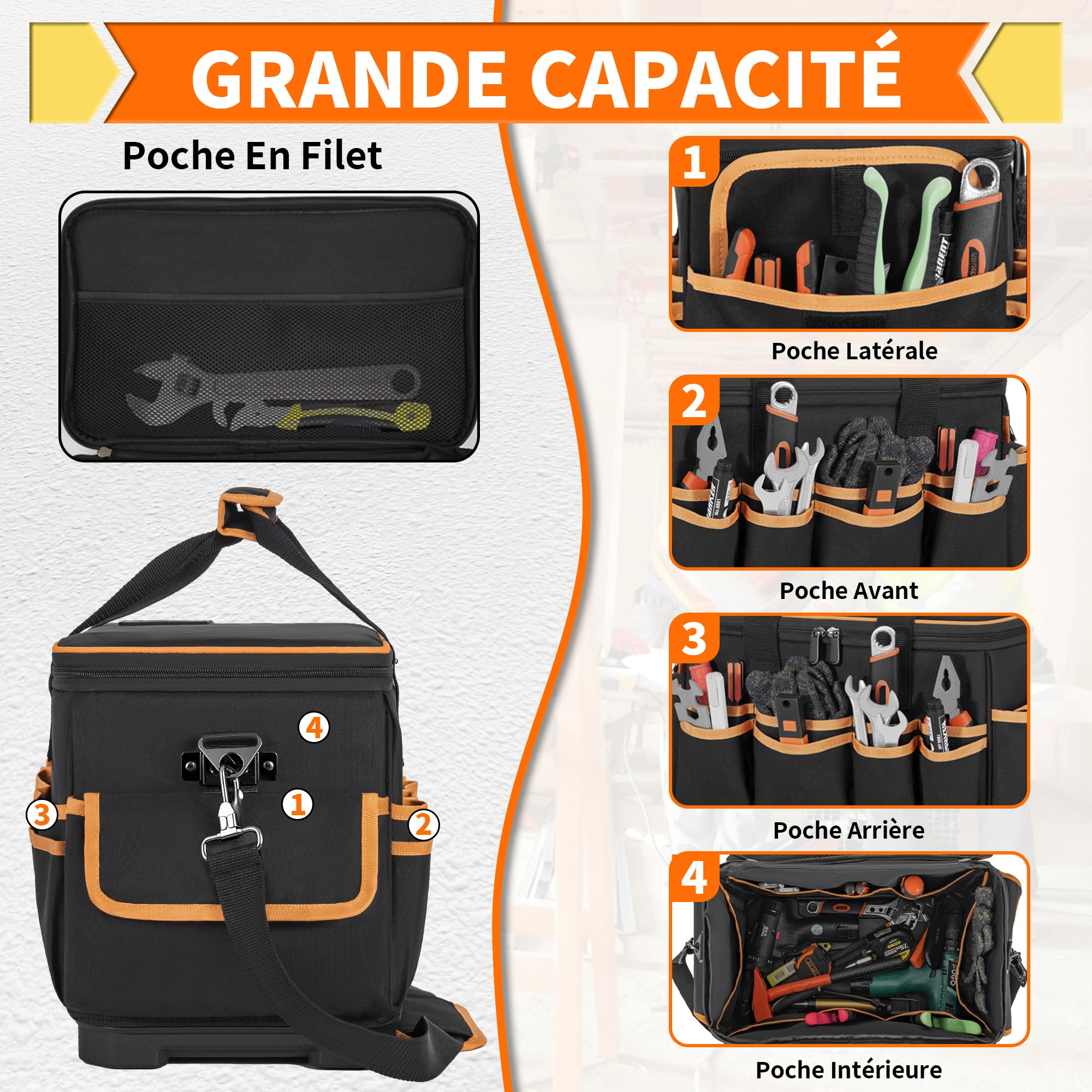 40,5x28x22,5CM Sac à Outils avec 26 Poches et Grande Capacité, Sac de Rangement pour Outils avec Bretelles réglables, Double Fermeture Éclair, Base Rigide Imperméable