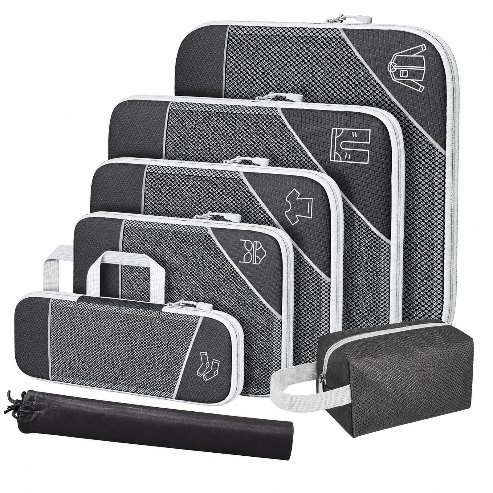 7 èces Organiteur Compreion Travel En Nylon Robuste Kit Rangement Pochtes à Fermure É c à Chauures Travel, Noir