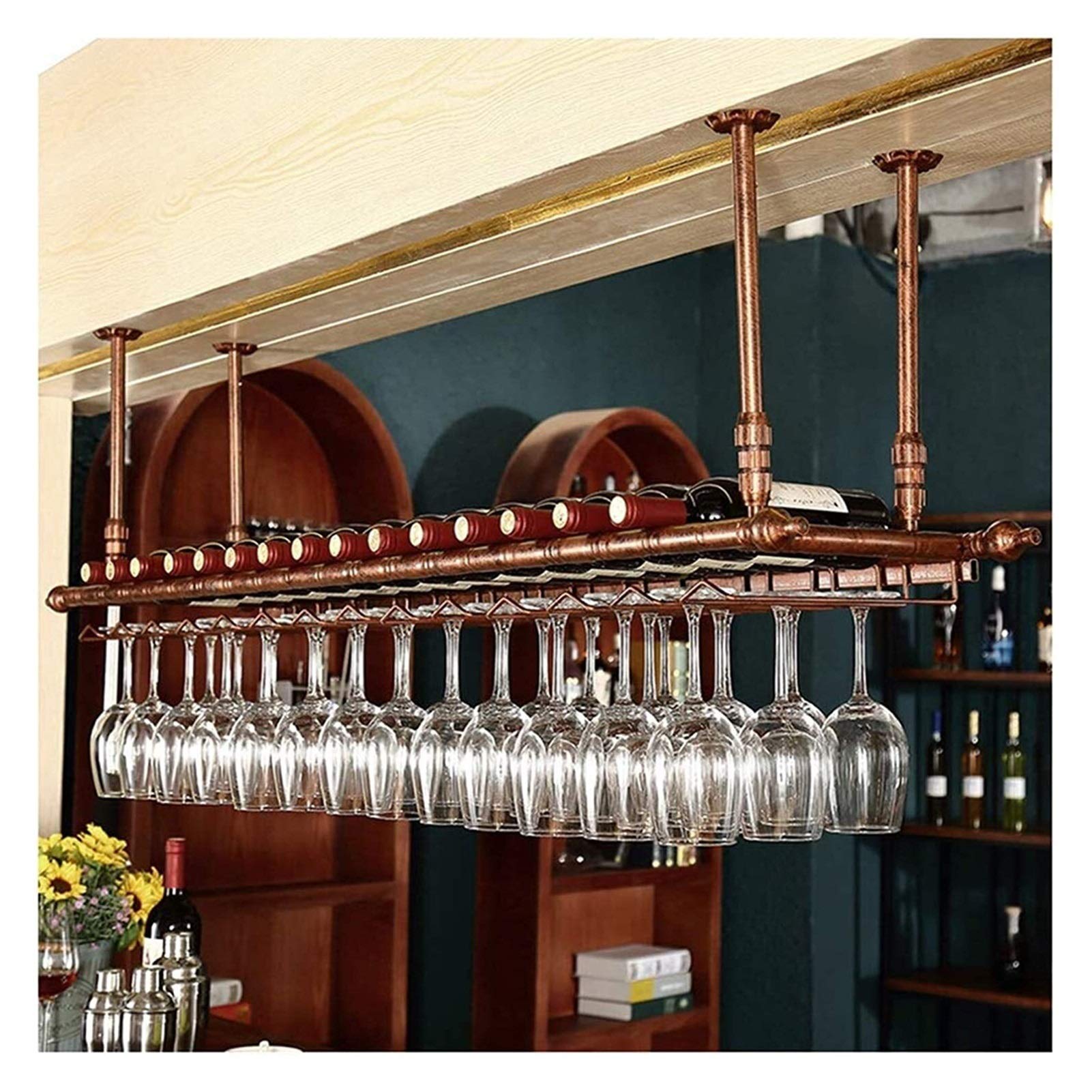 Casier à vin suspendu support en verre porte-bouteille doré métal 81cm