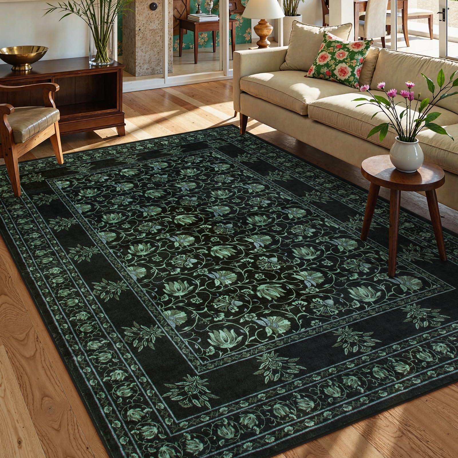Lahome Floral Black Rugs for Living Room, Low Pile Soft Area Rugs 5x7 Rugs for Bedroom Non Slip, Stain Resistant Vintage Floral Rug for Dining Room Office (5'x7', Black/Green) 5' x 7' (Recta