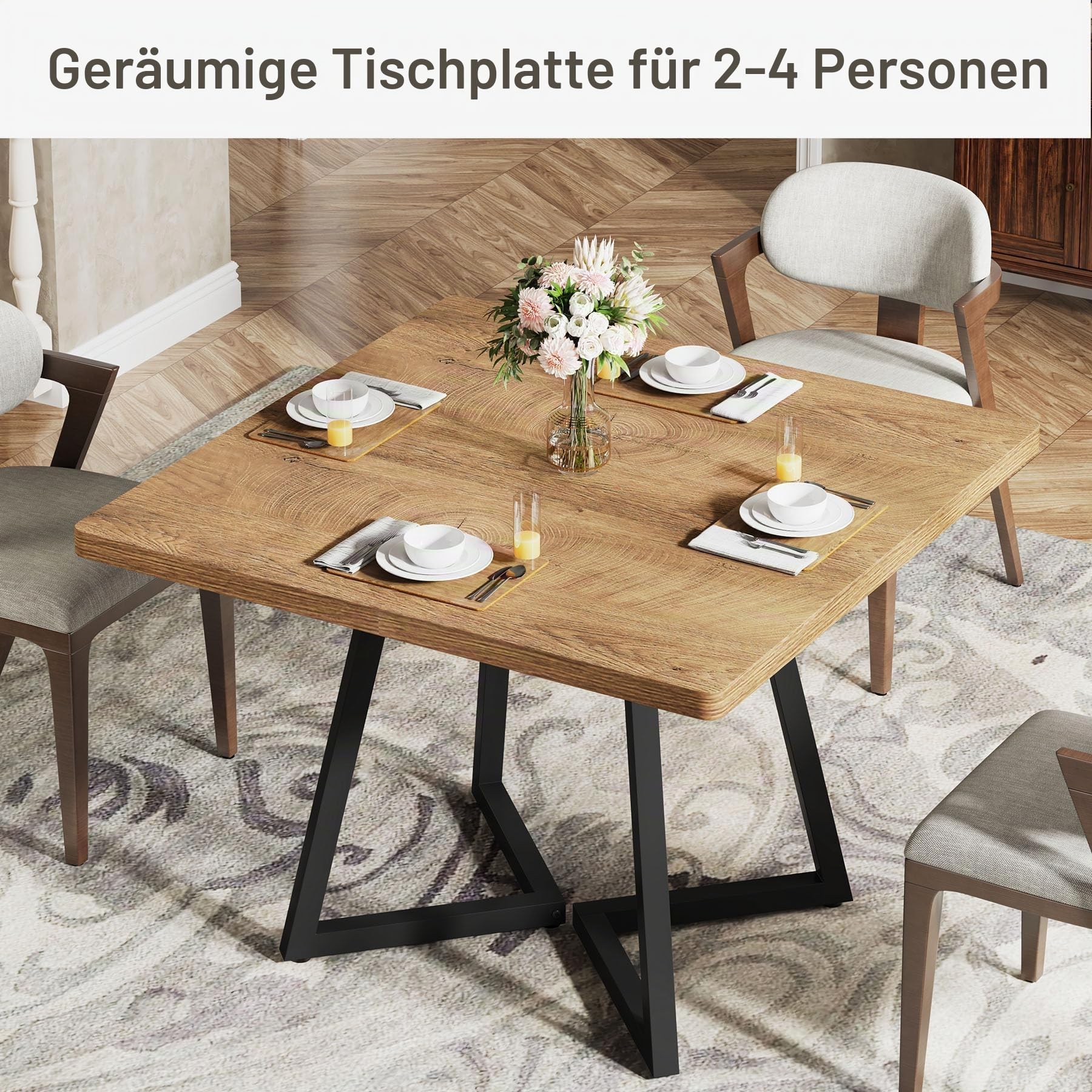 Tribesigns Esstisch, esstisch klein, Küchentisch esszimmertisch 80x80 cm, für 4 Personen, Metallfuß Industriestil, Natur & Schwarz