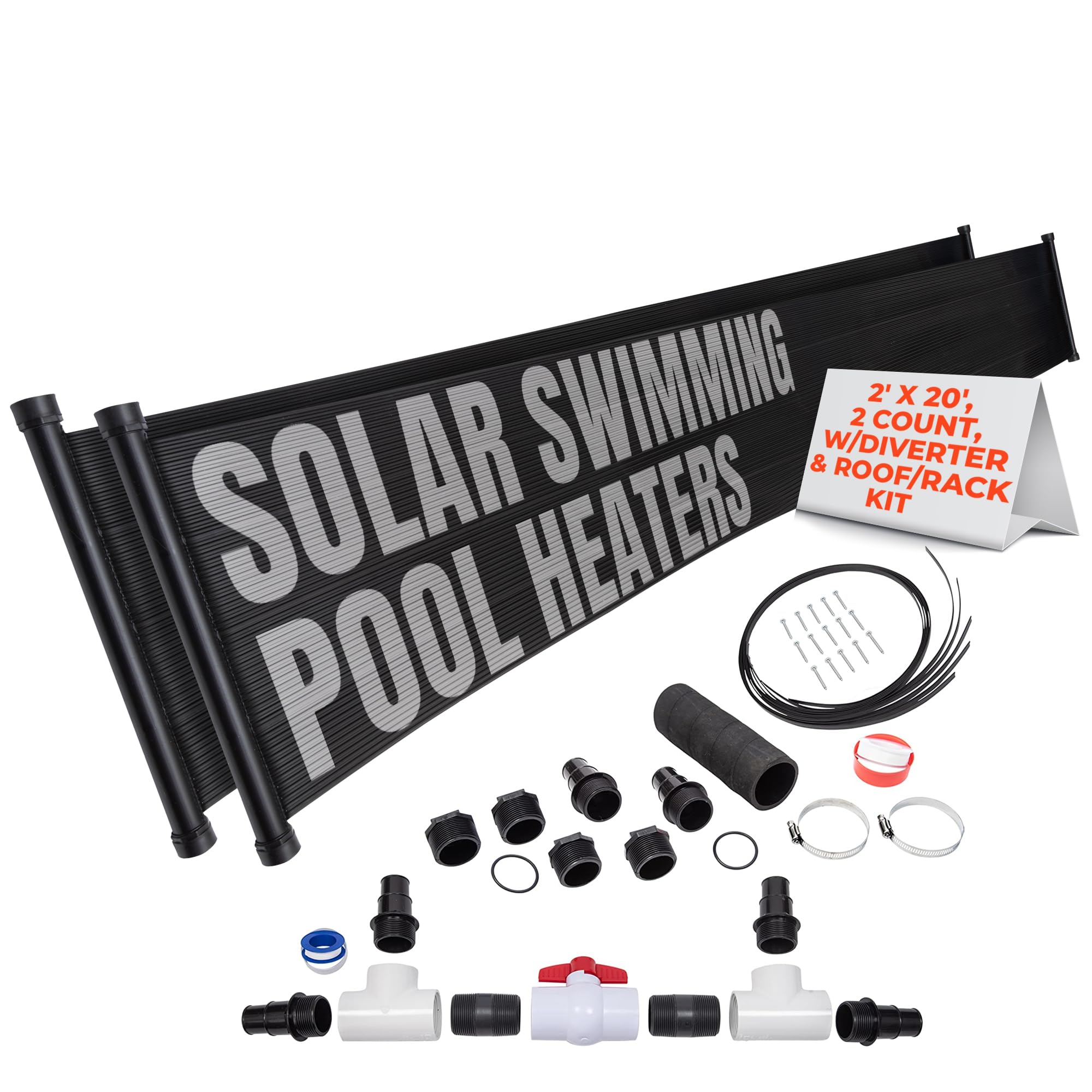 SunQuest Solar Pool Heater Panels - 2 (2ft x 20ft) Collectors w/Roof/Rack & Diverter Kit -Solar Water Heater for Above Ground & Inground Pools-DIY-Tube on Web Design Panel-Polypropylene UV Resistant