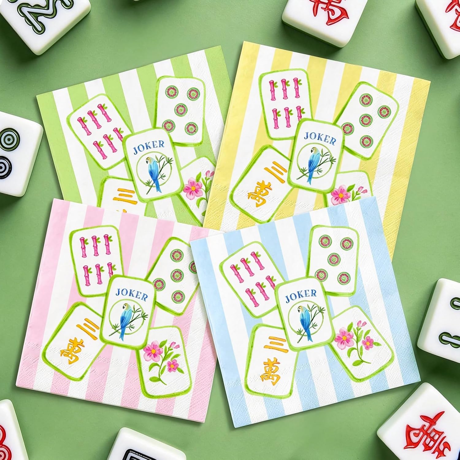 FYSUIMU 50 Pcs Mahjong Cocktail Napkins Green Yellow Pink Blue Striped Paper Napkins Disposable Decorative Beverage Napkin for Gathering Game Nights Birthday Party