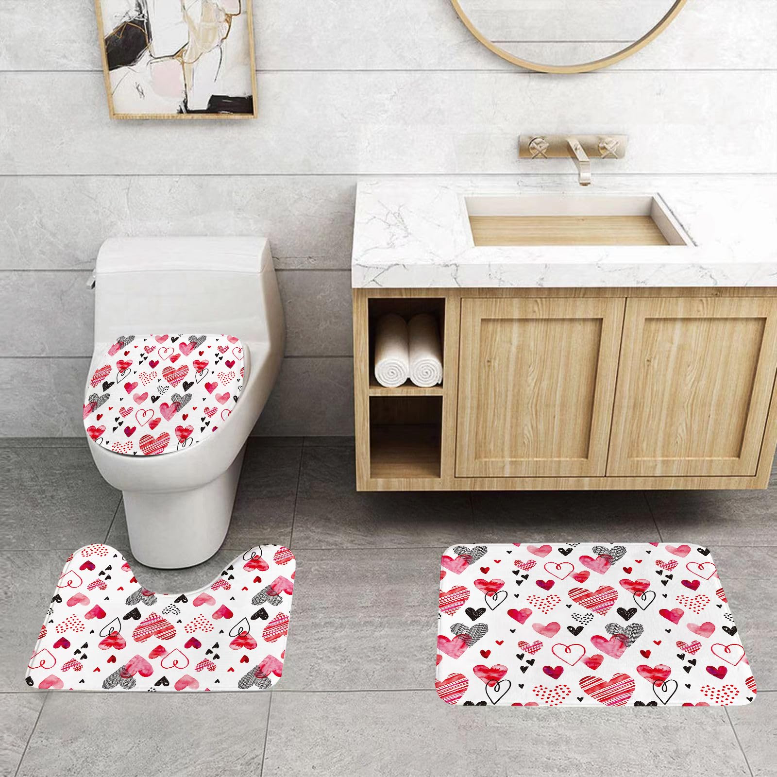 Set di 3 tappetini da Bagno, Lavabili in Lavatrice e Antiscivolo, tappetini Morbidi in Fibra Superfine, San Valentino, Diversi Tipi di He