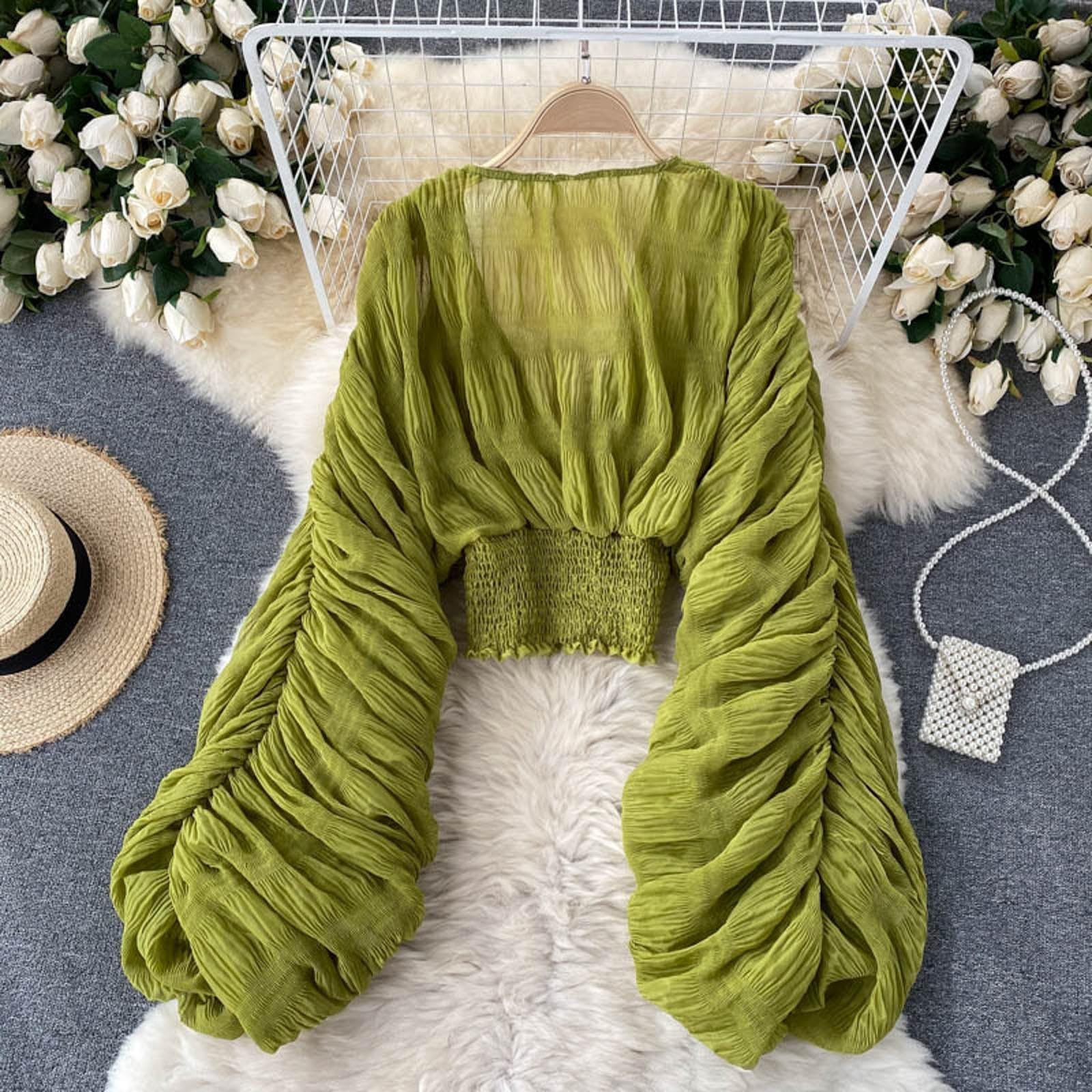 Top da donna in pizzo, a sbuffo, a maniche lunghe, con scollo a V, casual, sexy, con volant, a maniche lunghe, estivo, in pizzo, svasato, con bottoni, alla moda, arioso top in chiffon