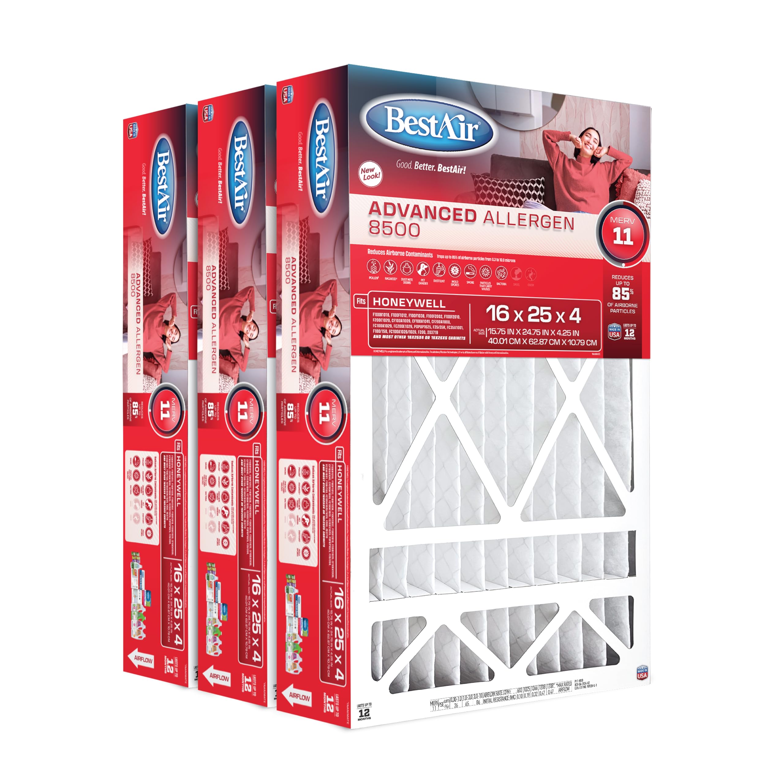 BestAir HW1625-11R AC Furnace Air Filter, 16" x 25" x 4", MERV 11, Removes Allergens & Contaminants, Fits 100%, For Honeywell Models, Pack of 3