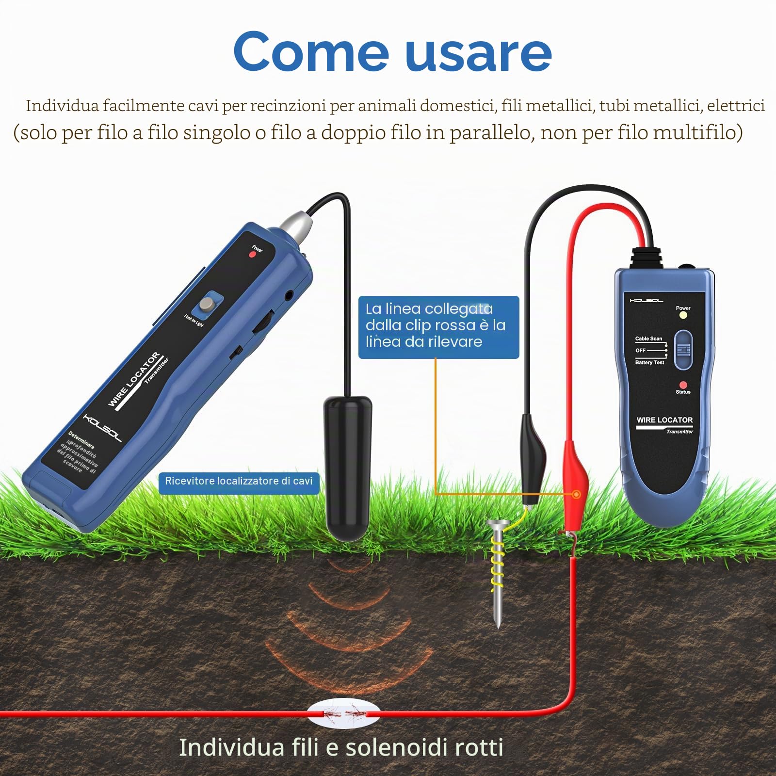 Tester per cavi sotto terra F02 Pro per trovare fili e fili di controllo, filo di recinzione per animali domestici, dotato di batteria ricaricabile da 1100 mAh